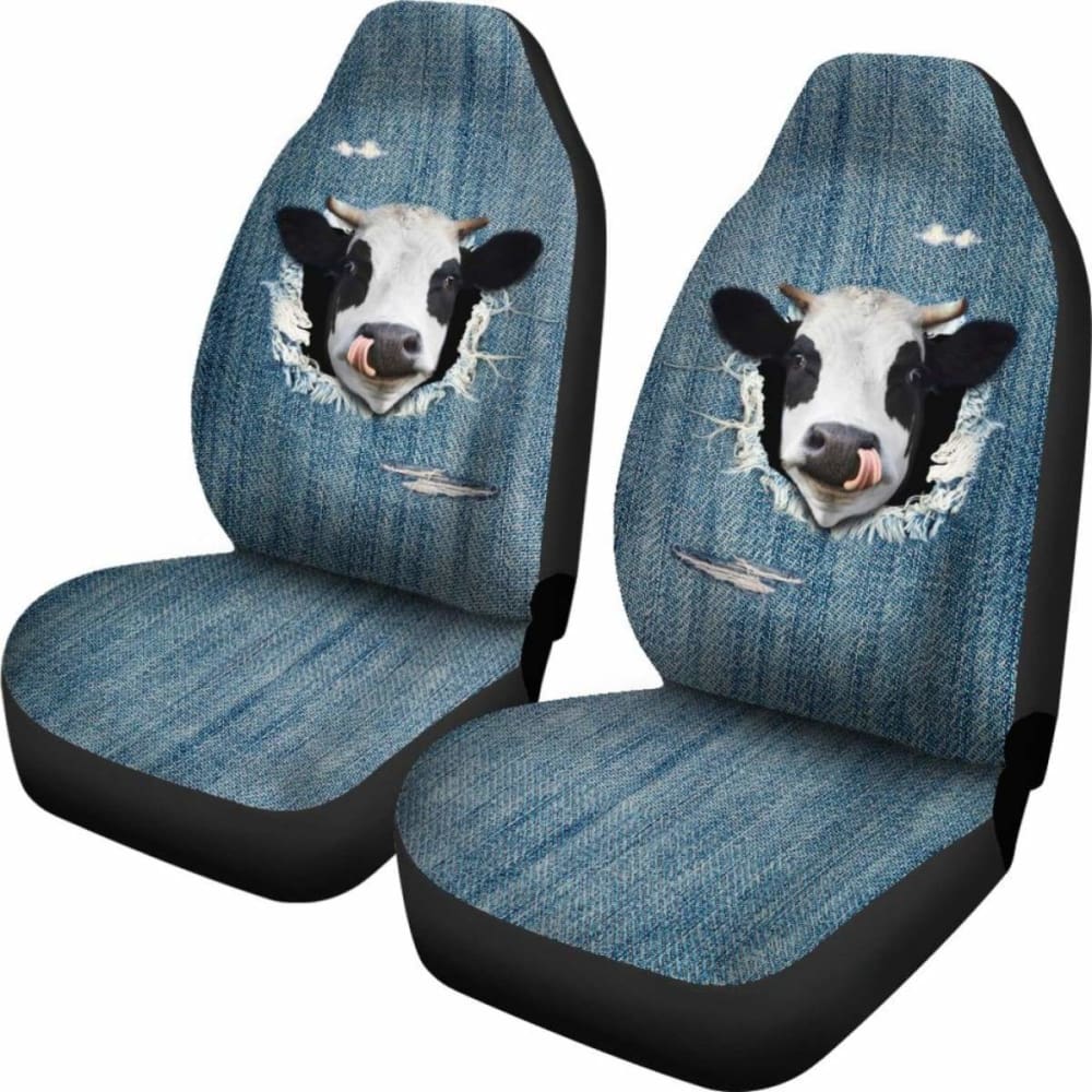 3D Cow Print Fake Denim Car Seat Covers - 2 Pack for Jeep, Truck & SUV - Waterproof & Universal Fit for Comfort & Style
