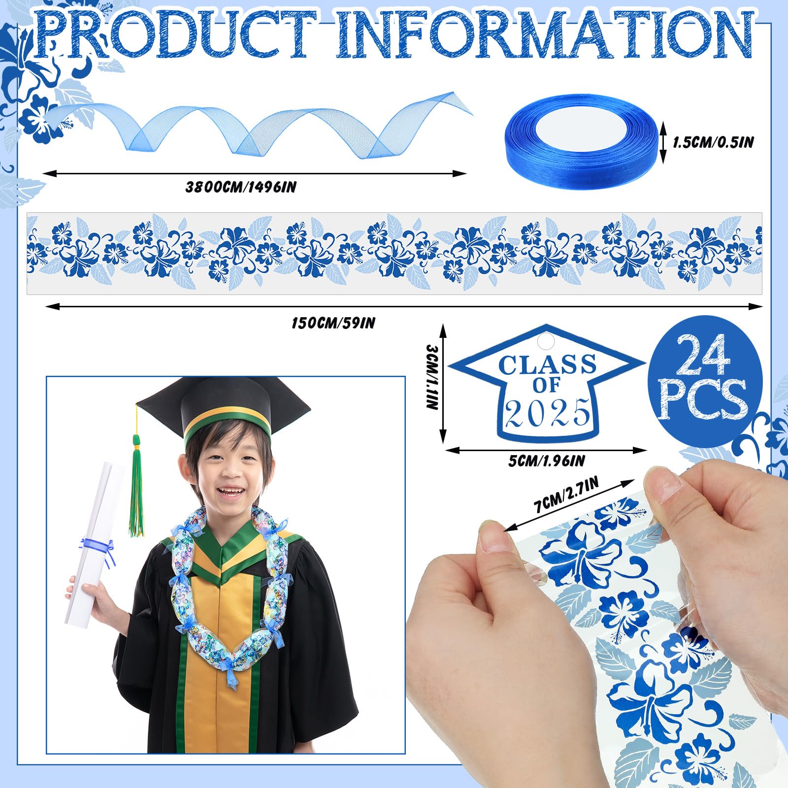 Junkin 24 Set Candy Lei Making Kit for Graduation - Class of 2025 Hawaiian Party Decorations with Long Ribbons, Dessert Filler & Graduate Gifts (Blue) | Perfect for Graduation Parties, Hawaiian Themed Events & DIY Gift Giving