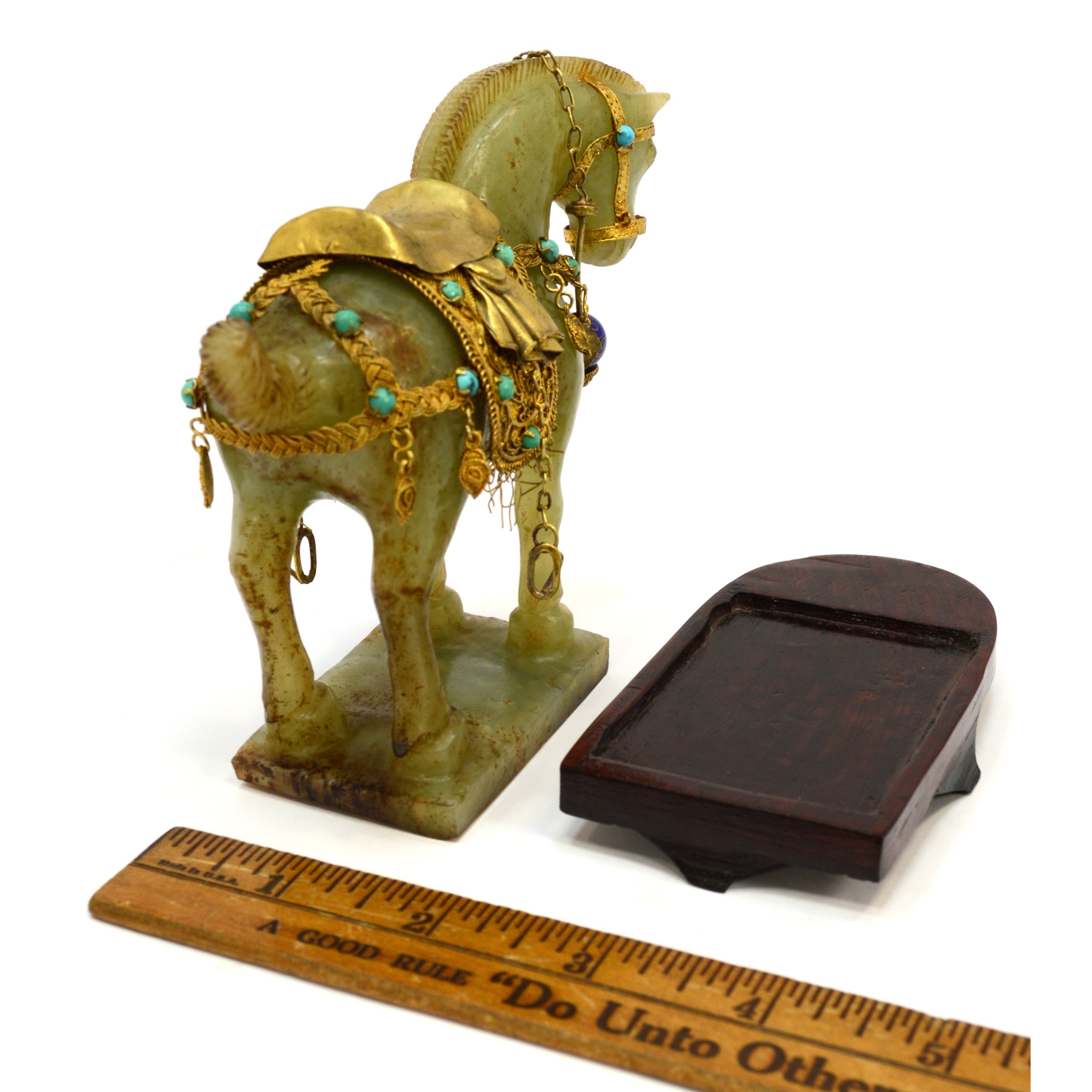 Antique Chinese Carved Jade Horse with Gold Gilt & Enamel Jeweled Saddle Bridle - Collectible Asian Artwork - Perfect for Home Decor, Gift Giving & Feng Shui Display