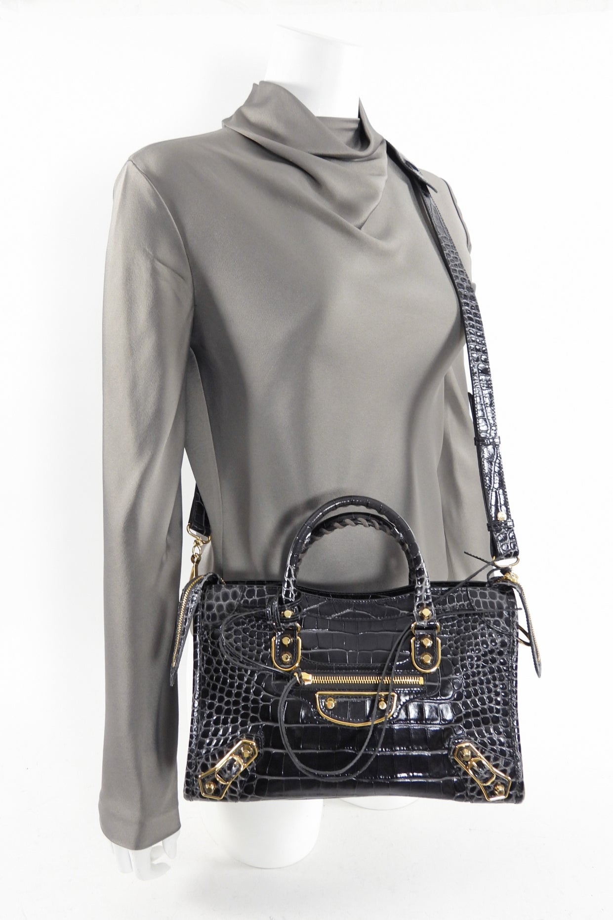 Balenciaga Dark Grey Croc Embossed Small Metallic Edge City Bag - Luxury Designer Handbag for Women, Perfect for Everyday Use & Night Out