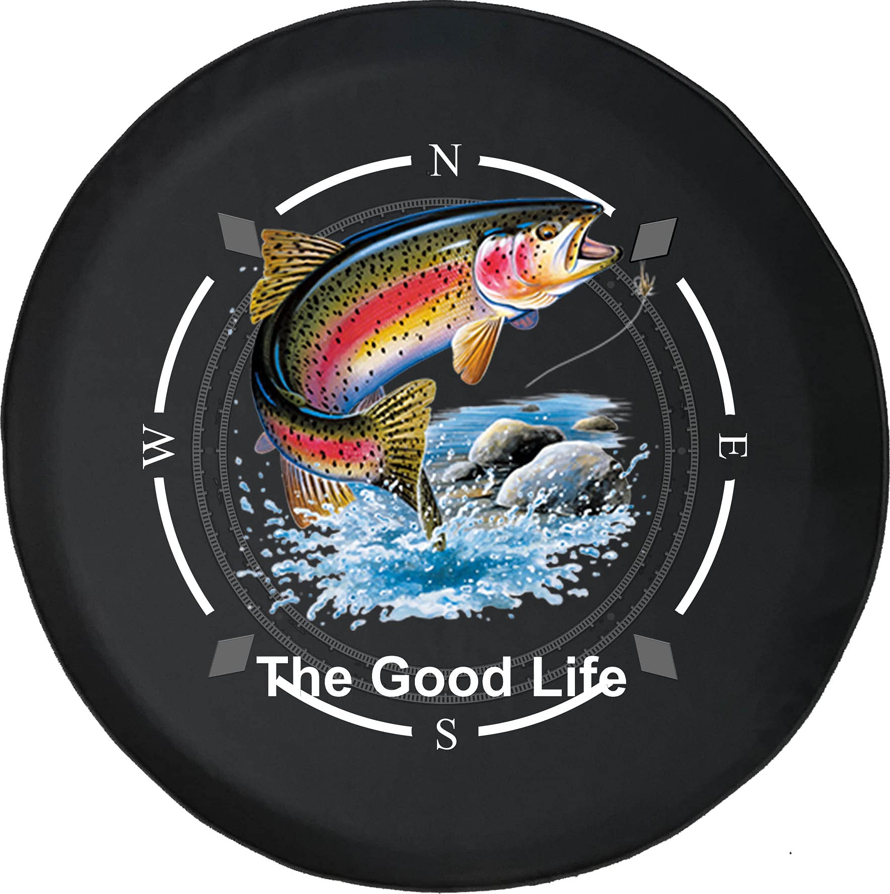 Premium American Unlimited Spare Tire Cover with Compass Design - The Good Life Rainbow Trout Jumping Wheel Cover | Fits SUV, Trailer, RV & Most Vehicles | Durable Outdoor Accessory for Camping, Road Trips & Off-Road Adventures