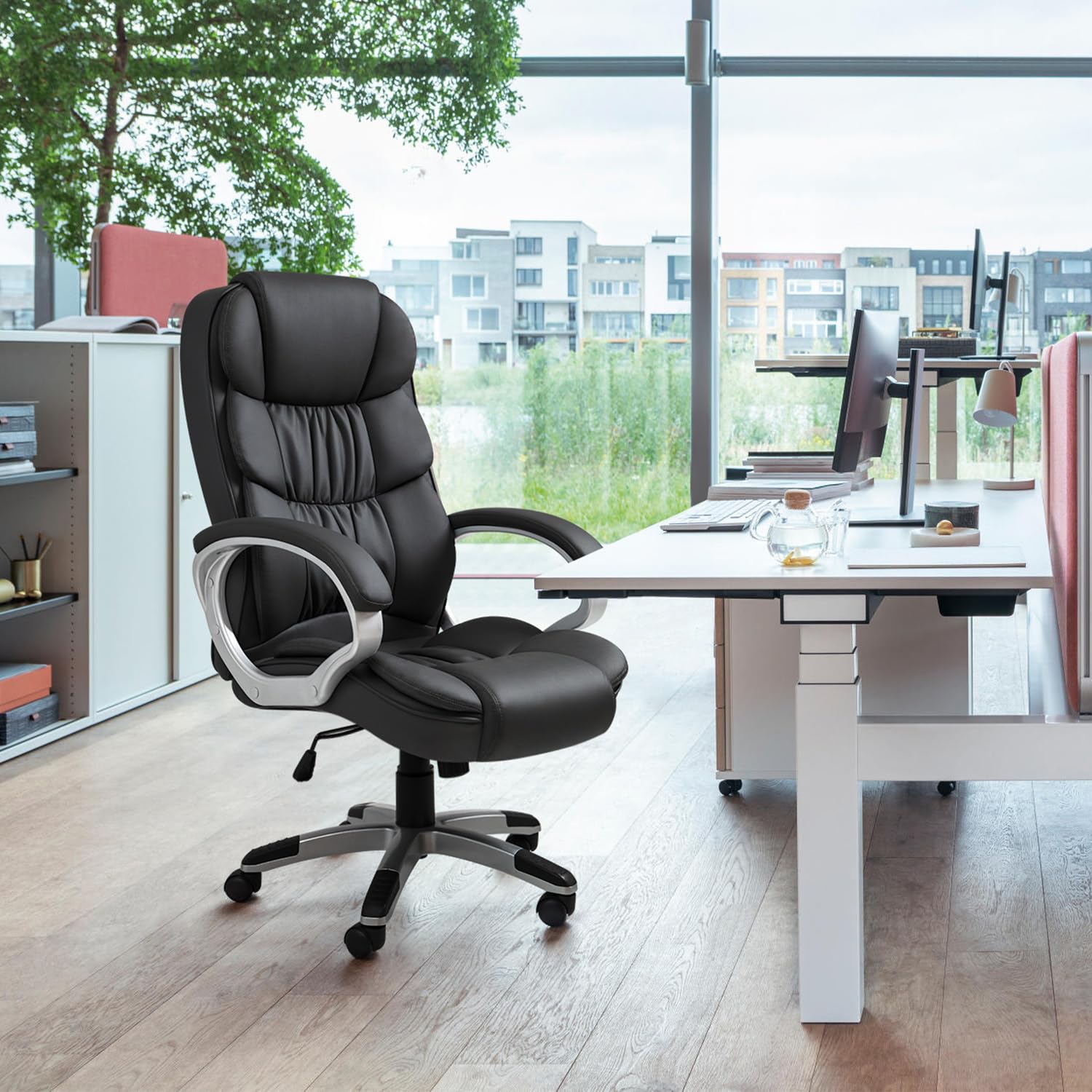 GUNJI Ergonomic Office Chair - High Back PU Leather Executive Desk Chair with Adjustable Height, Swivel & Lumbar Support - Modern Computer Chair for Home & Office Workspace (Black)