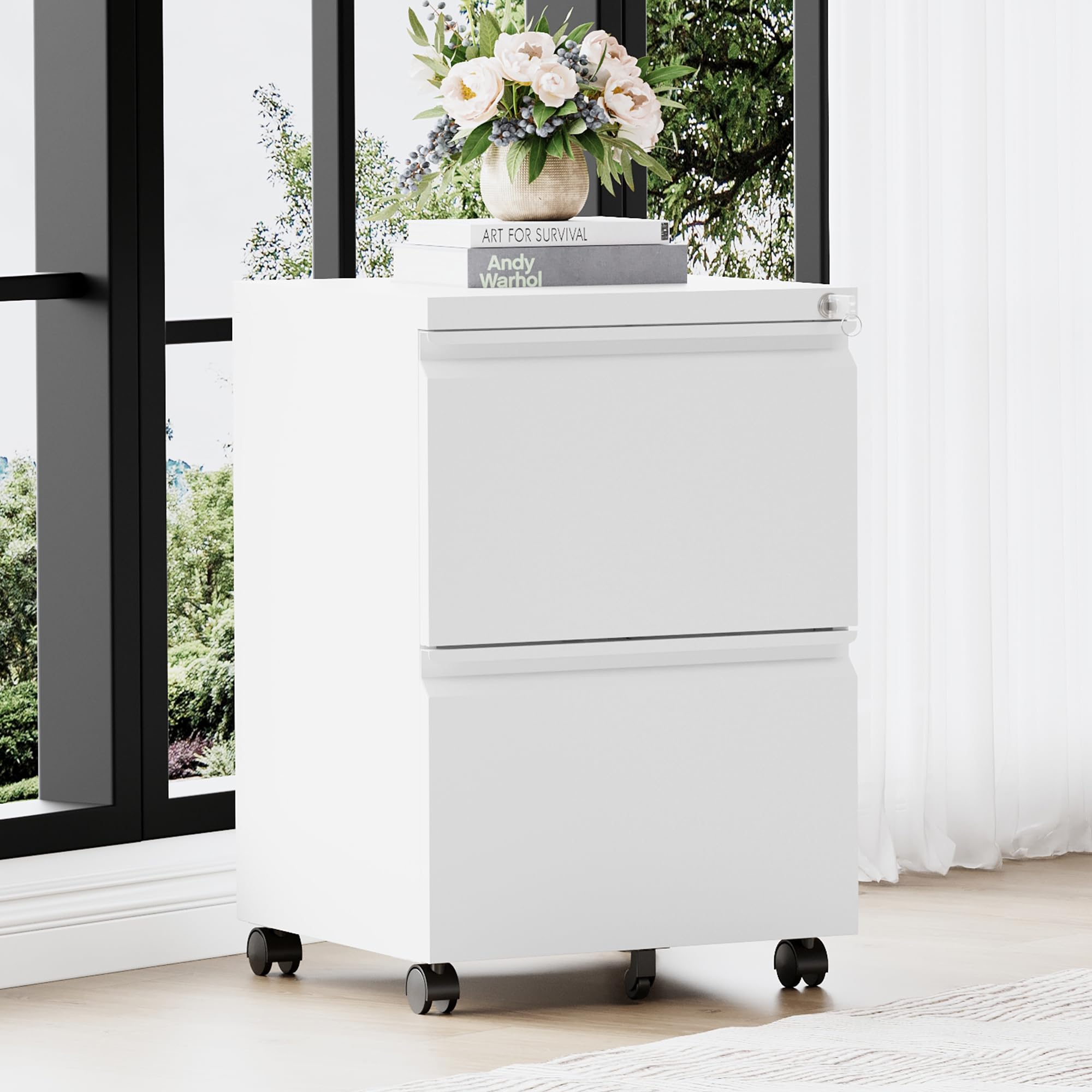 2 Drawer Mobile File Cabinet with Lock & Wheels - Fully Assembled Metal Under Desk Storage for A4/Letter/Legal Size Documents - Perfect for Office, Home & Workspace Organization (White)