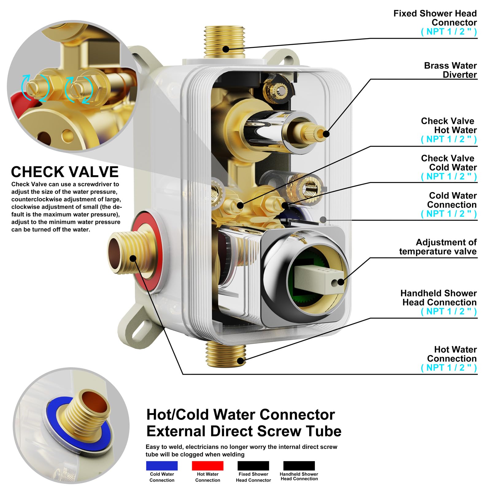 Modern Brass Rain Shower System with Valve & Diverter - High Pressure Square Rainfall Showerhead & Handheld Spray - 12