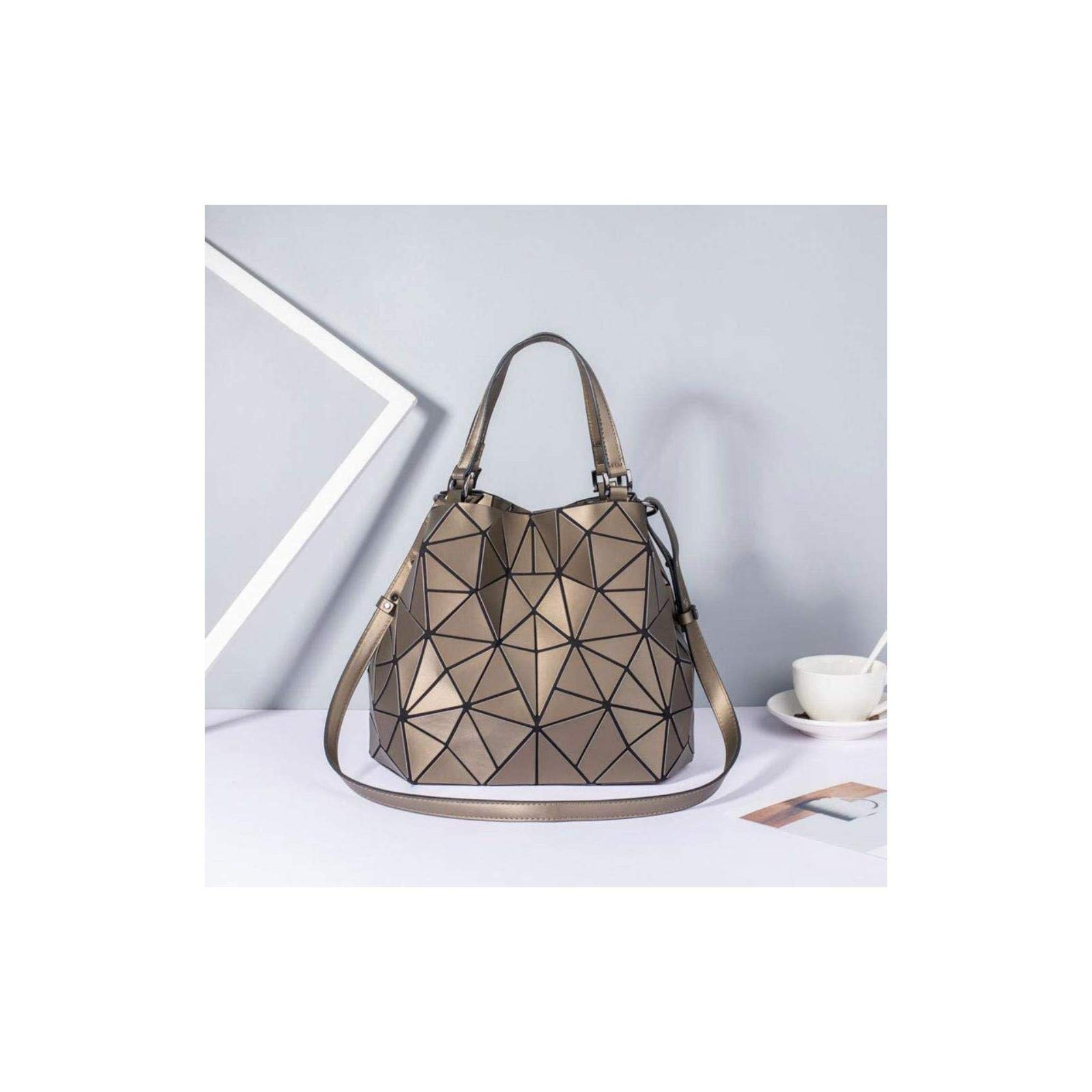 Geometric Luminous Handbag - Shard Lattice Eco-Friendly Vegan Leather Rainbow Holographic Purse for Women, Brown Large Size | Perfect for Night Out, Party, and Festival Accessories