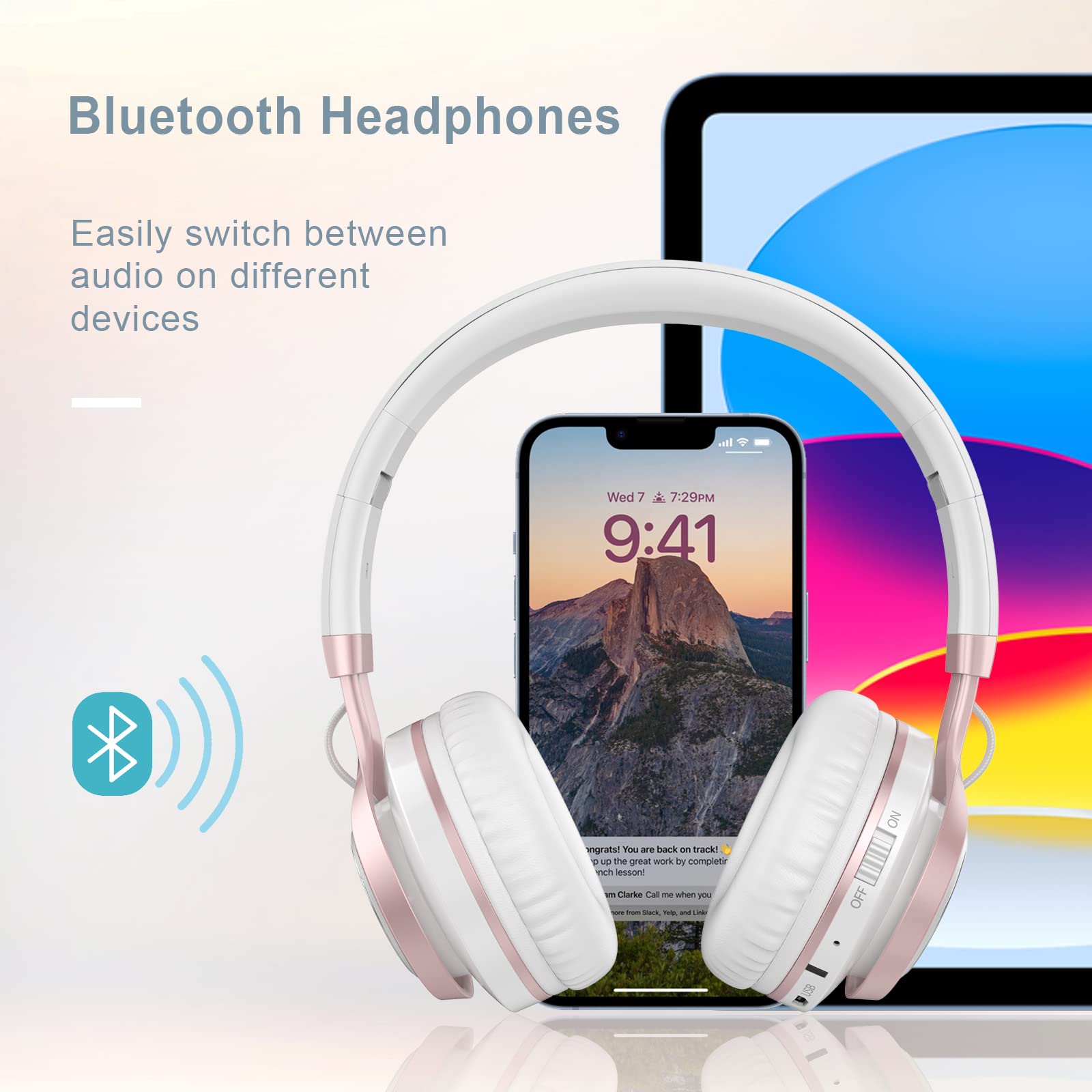 BASEMAN Wireless Over Ear Headphones with Microphone - 50H Playtime, Deep Bass Bluetooth Headphones for iPhone, Computer, Gaming, Travel - Comfortable Noise Cancelling Headset for Women, Teens (White Rose Gold) - Perfect for School, Commuting & Work from Home