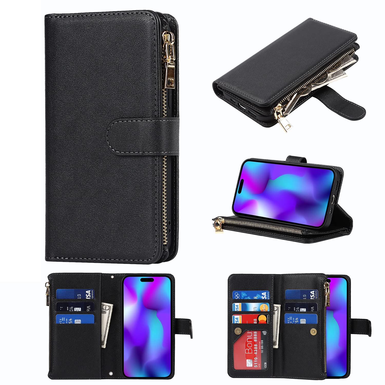Premium Leather Magnetic Wallet Case for iPhone 14 Pro Max - Shockproof Protective Cover with Crossbody Strap & Stand (Black) | Perfect for Travel, Work & Everyday Use