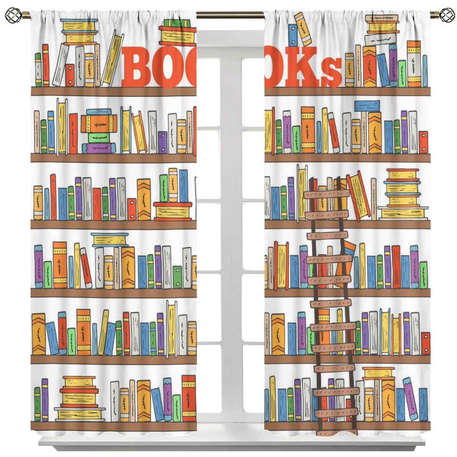 Modern Bookshelf Blackout Curtains for Kids Room - Cartoon Library Ladder Design Jacquard Window Drapes (55x63 inches) - Perfect for Nursery, Bedroom & Basement Decoration