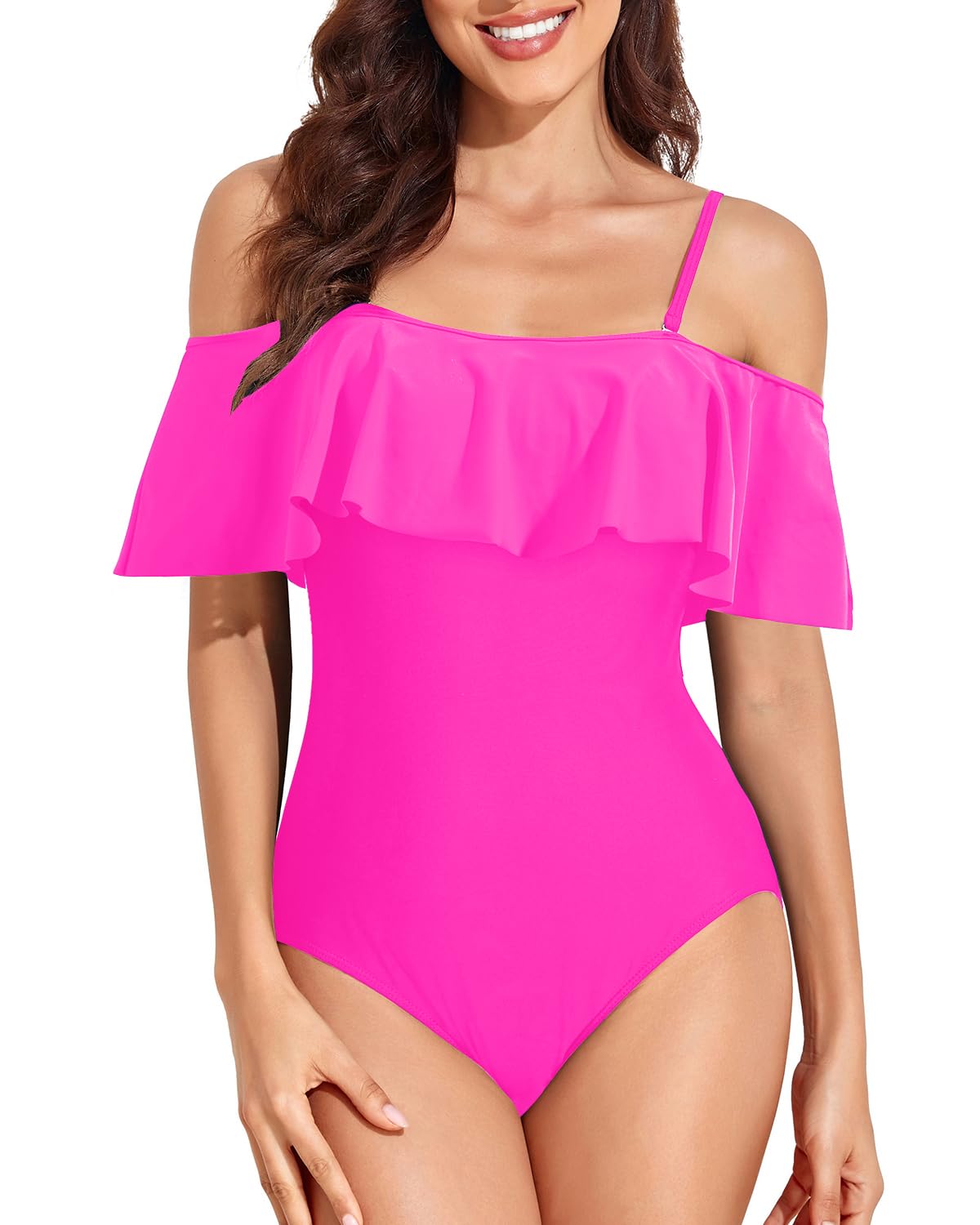 Off Shoulder Ruffled Swimsuit for Women - Retro One Piece Bathing Suit for Beach & Pool