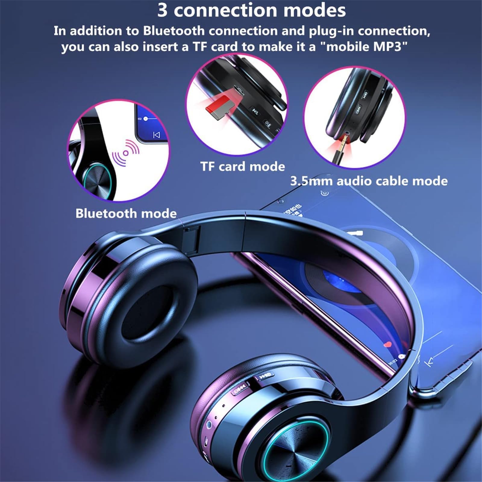 ZZOSRDR Bluetooth Headphones Over Ear - Foldable Lightweight Wireless Headset with Built-in Mic, FM, SD/TF Card Slot | Perfect for Online Classes, Office Work, PC Gaming & Phone Calls