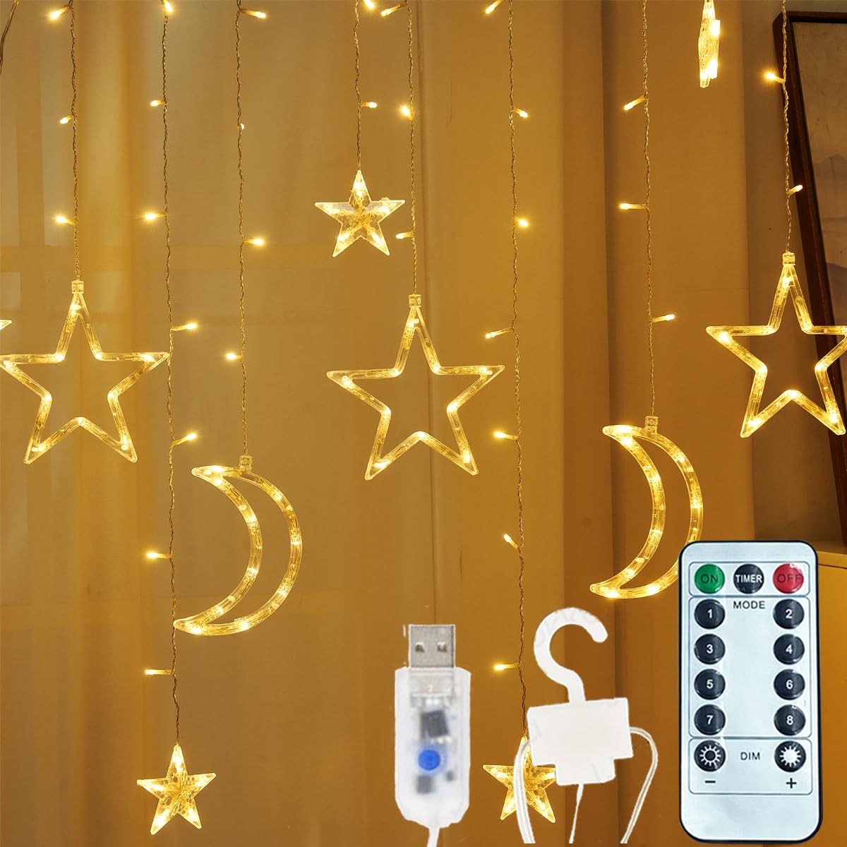 138 LED Curtain String Lights with 8 Lighting Modes & Timer - Remote Control USB Powered Dimmable Fairy Lights for Window, Wall, Bedroom, Wedding, Party & Outdoor Decor