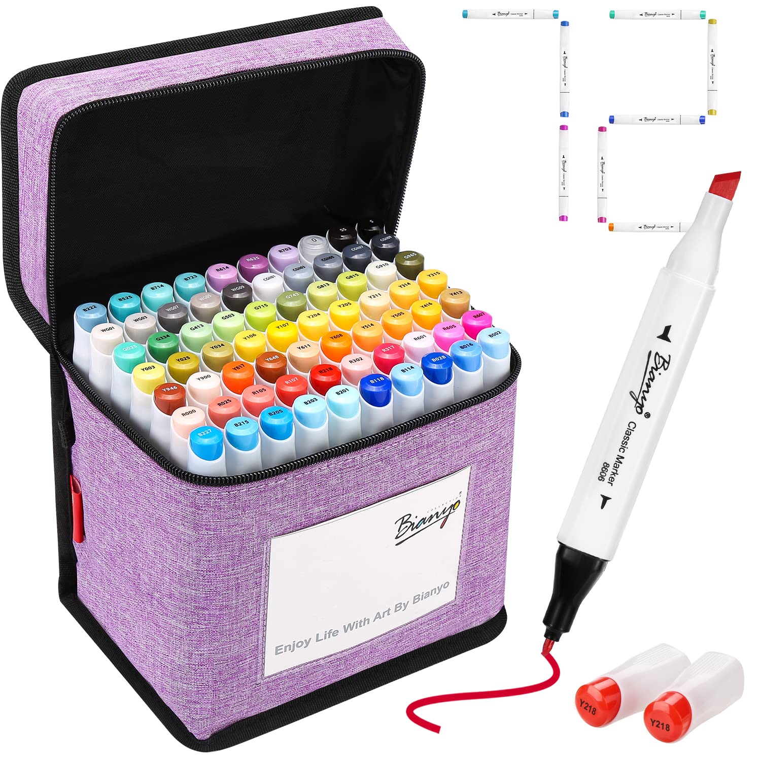 Bianyo 72 Primary Colors Alcohol Markers Set - Double Tipped Bullet & Chisel Art Markers for Coloring, Drawing & Sketching - 71 Classic Colors + 1 Blender + 1 Swatch + 1 Purple Travel Case - Perfect for Artists, Students & DIY Craft Projects