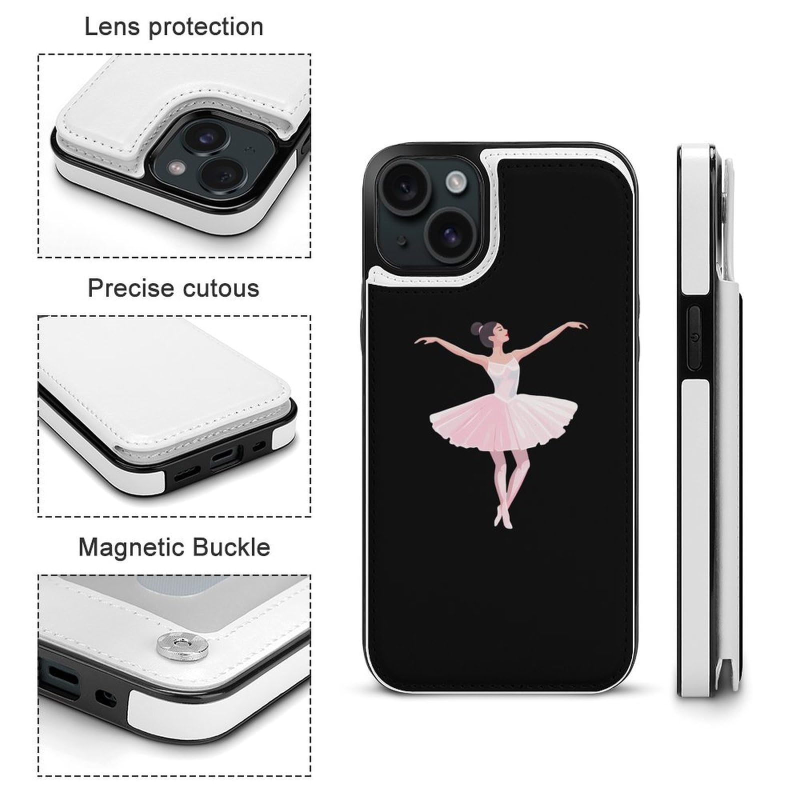 Elegant Dancing Ballerina Flip Wallet Case for iPhone 15 Plus - Cute Phone Cover with Card Holder | Perfect for Parties, Travel & Everyday Use