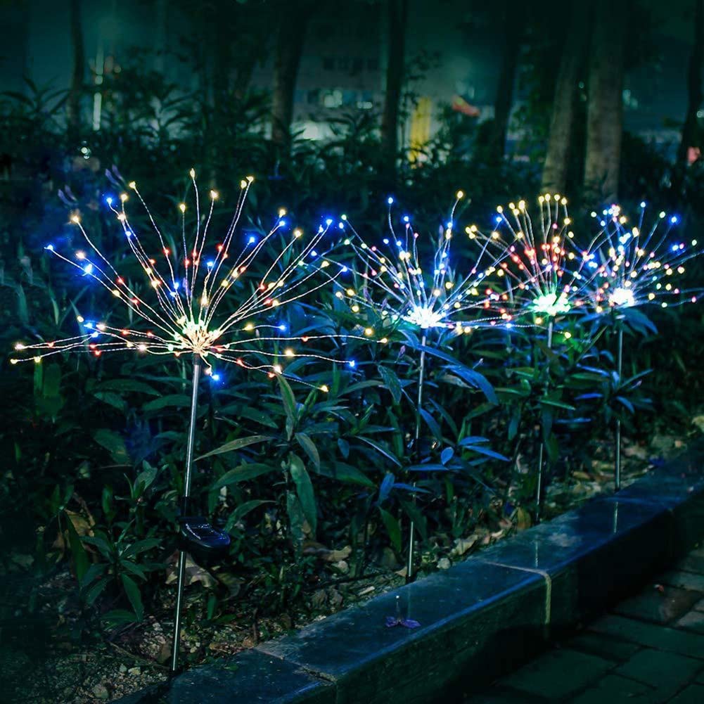 4 Pack Solar Christmas Fairy Lights Outdoor Waterproof IP65 - LED Firework Starburst String Lights with 8 Modes & Ground Plug for Pathway, Walkway, Patio, Lawn & Garden Decor | Perfect for Holiday Lighting, Landscape Illumination & Festive Outdoor Ambience