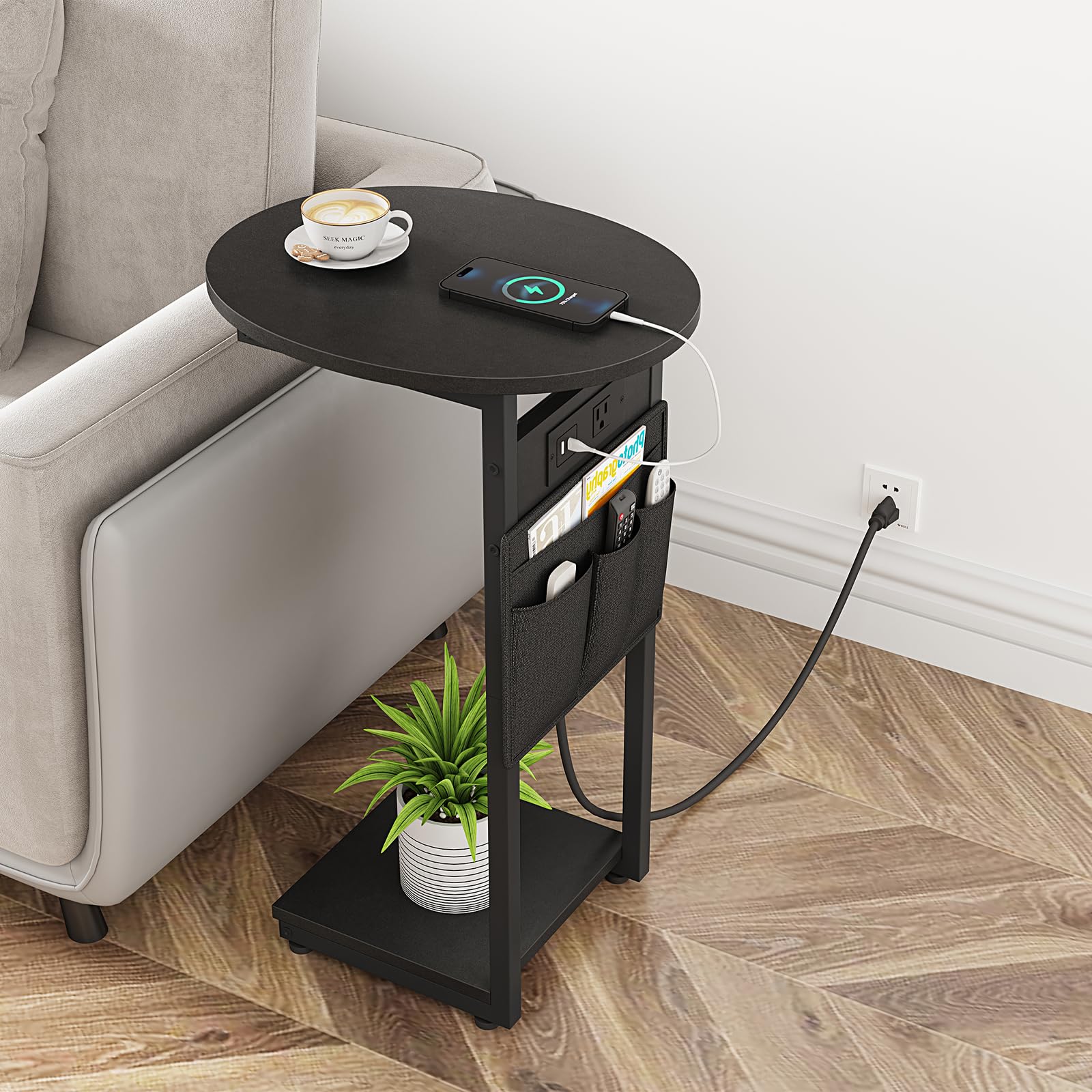Vagusicc C-Shaped End Table with USB Charging Station - Small Side Table for Couch, Sofa & Bedroom - Round TV Tray Slide Under Sofa Table - Modern Living Room Furniture (Black) - Perfect for Small Spaces, Apartment Living & Home Office Use