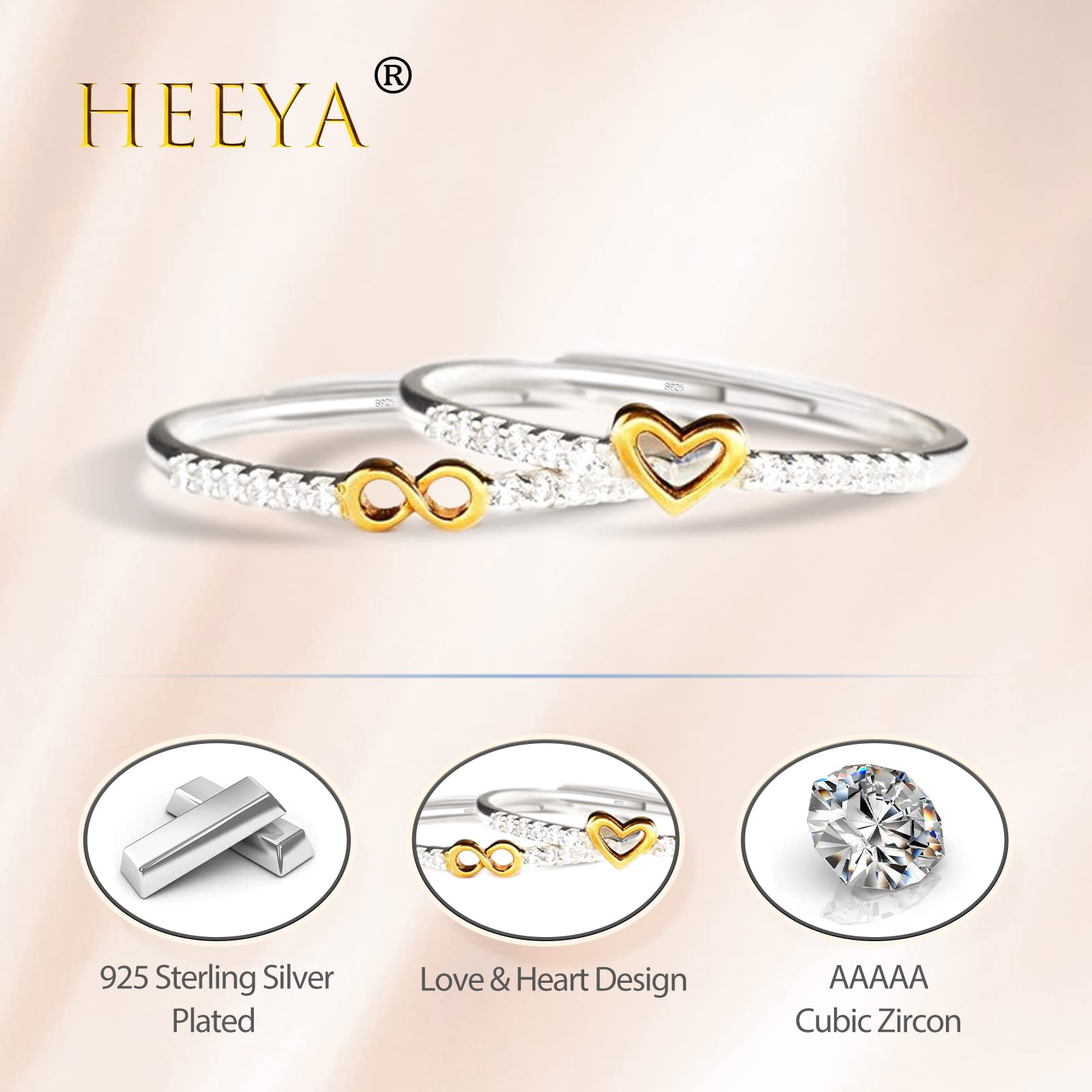925 Sterling Silver Adjustable Thumb Rings for Women - Heart, Hug & Feather Design with Cubic Zirconia | Gold/Silver Stackable Rings | Trendy Jewelry Gift for Teen Girls, Couples & Birthday Presents | Perfect for Everyday Wear, Date Nights & Special Occasions