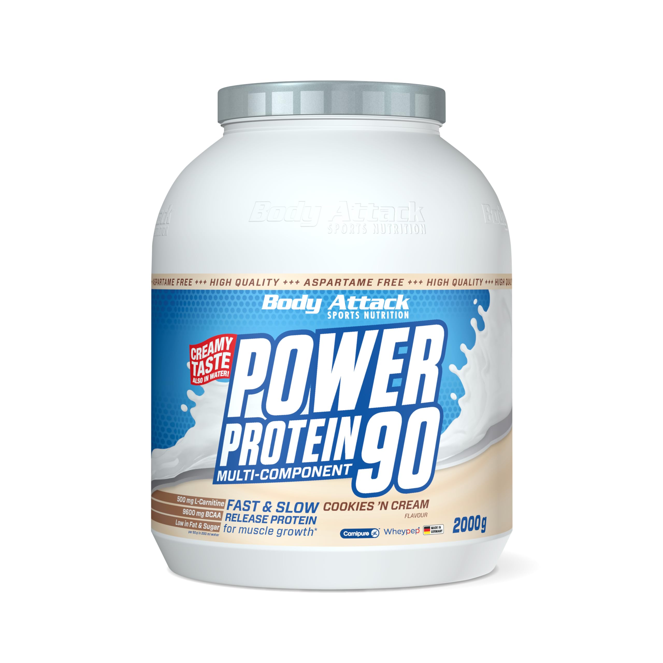 Body Attack POWER PROTEIN 90 - Cookies & Cream Flavor - 2kg Multi-Component Protein Powder with BCAA, Vitamins & L-Carnitine - Made in Germany - Creamy Protein Shake for Muscle Recovery & Post-Workout Nutrition