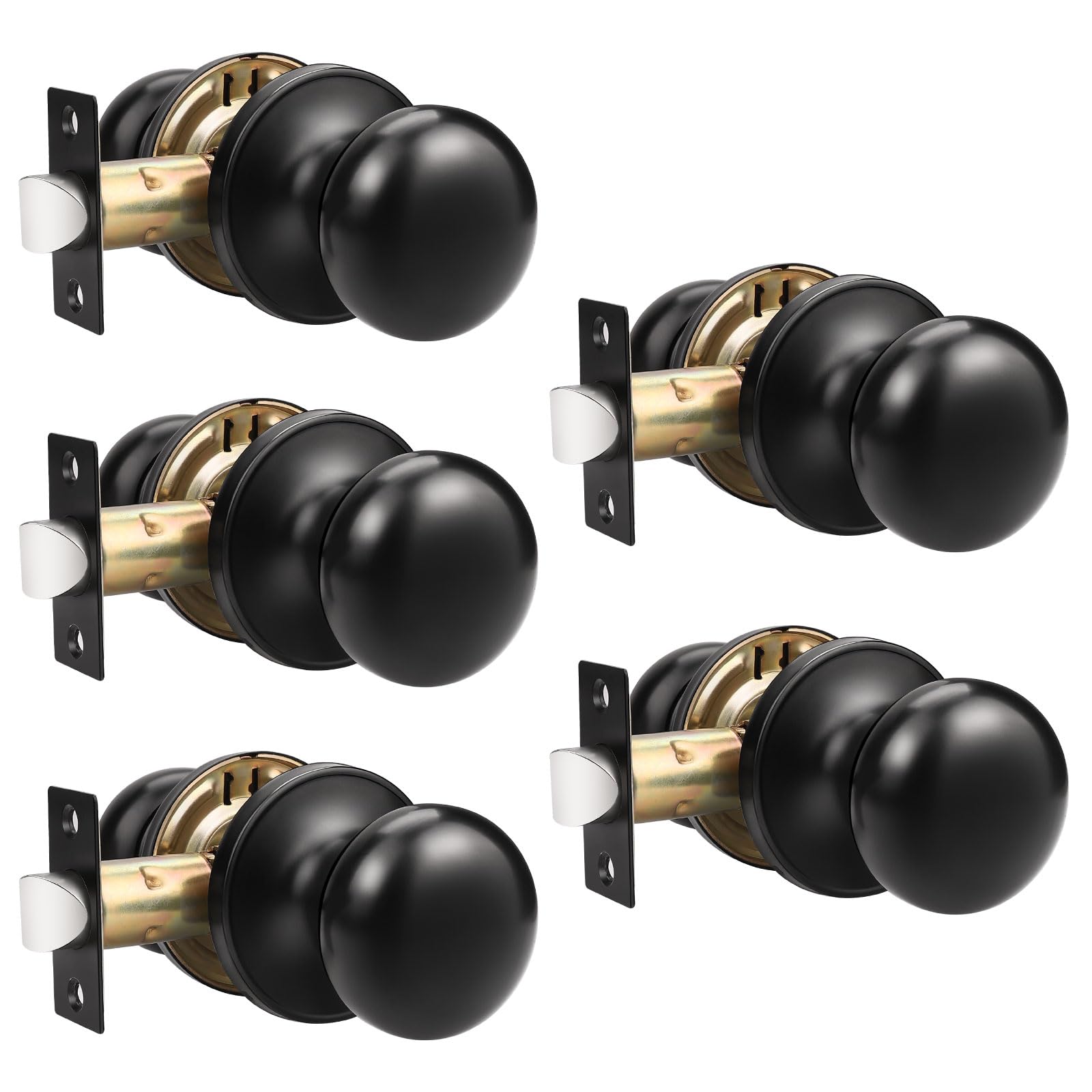 GobeKOR 5-Pack Matte Black Keyless Passage Door Knobs - Interior Closet Door Knobs with Lock, Round Design for Bedroom, Bathroom & Office Use