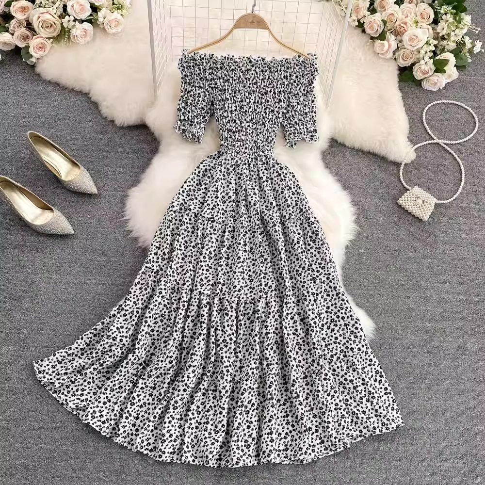 Off Shoulder A-Line Floral Chiffon Dress for Women - Summer Casual Party Beach Wedding Guest Dress - Lightweight Flowy Midi Dress for Date Night & Vacation