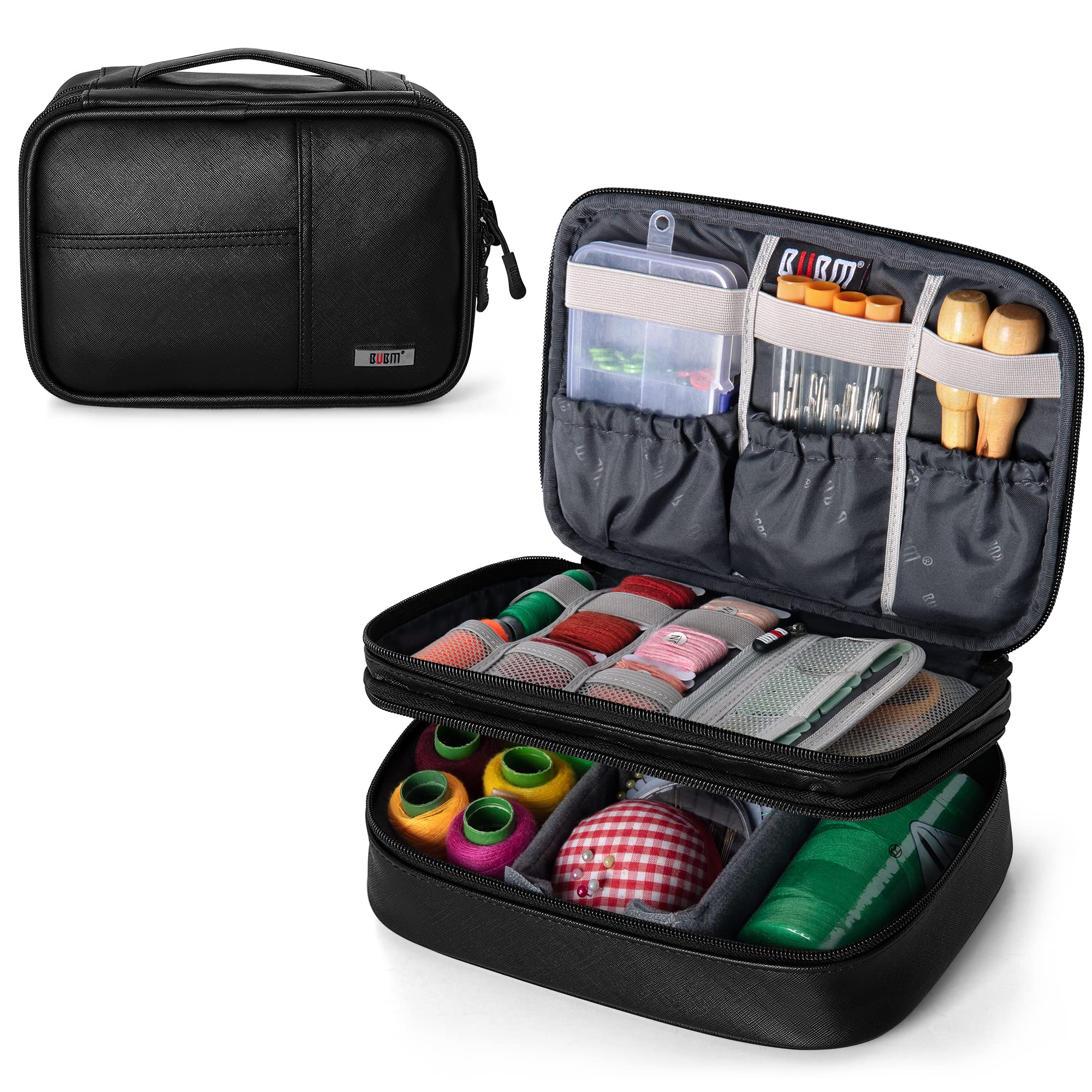 BUBM Double Layer Sewing Organizer with Detachable Dividers - PU Black Sewing Supplies Storage Bag for Needles, Threads & Notions | Perfect for Home Sewing, Quilting & Craft Projects