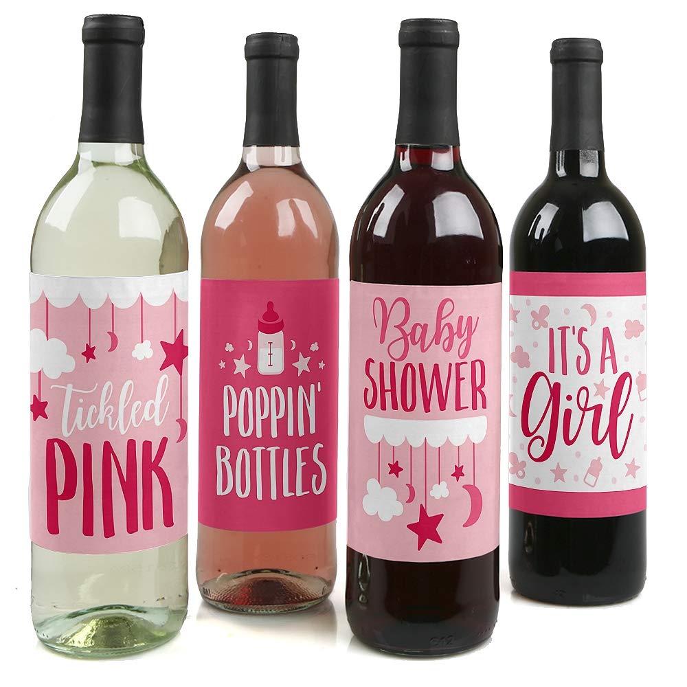 Big Dot of Happiness It's a Girl Baby Shower Decorations - Pink Wine Bottle Label Stickers Set of 4 - Perfect for Gender Reveal Parties, Newborn Celebrations & Nursery Decor