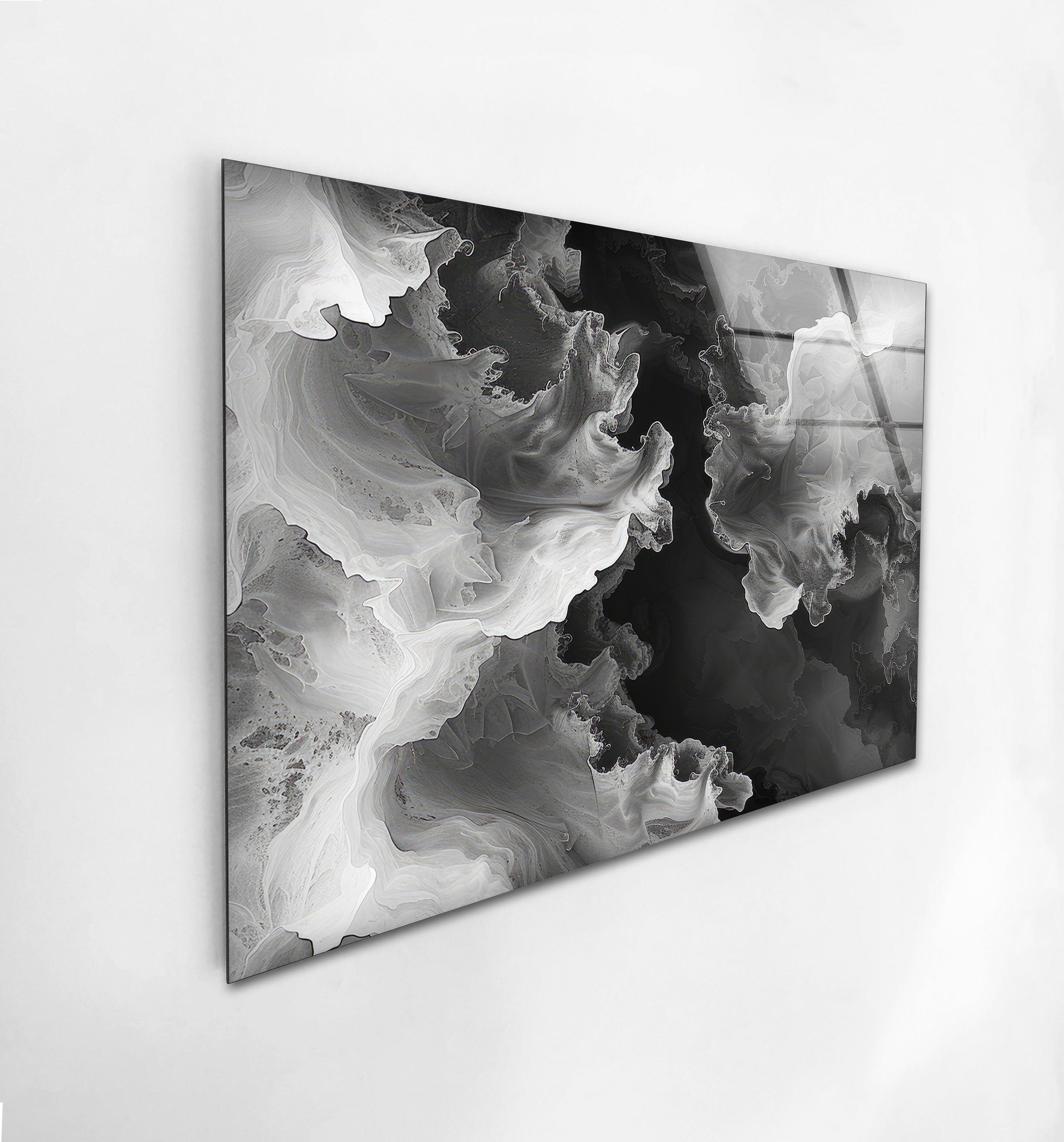 Modern Black & White Abstract Wave Glass Wall Art - Handmade Contemporary Home Decor for Living Room, Bedroom & Office