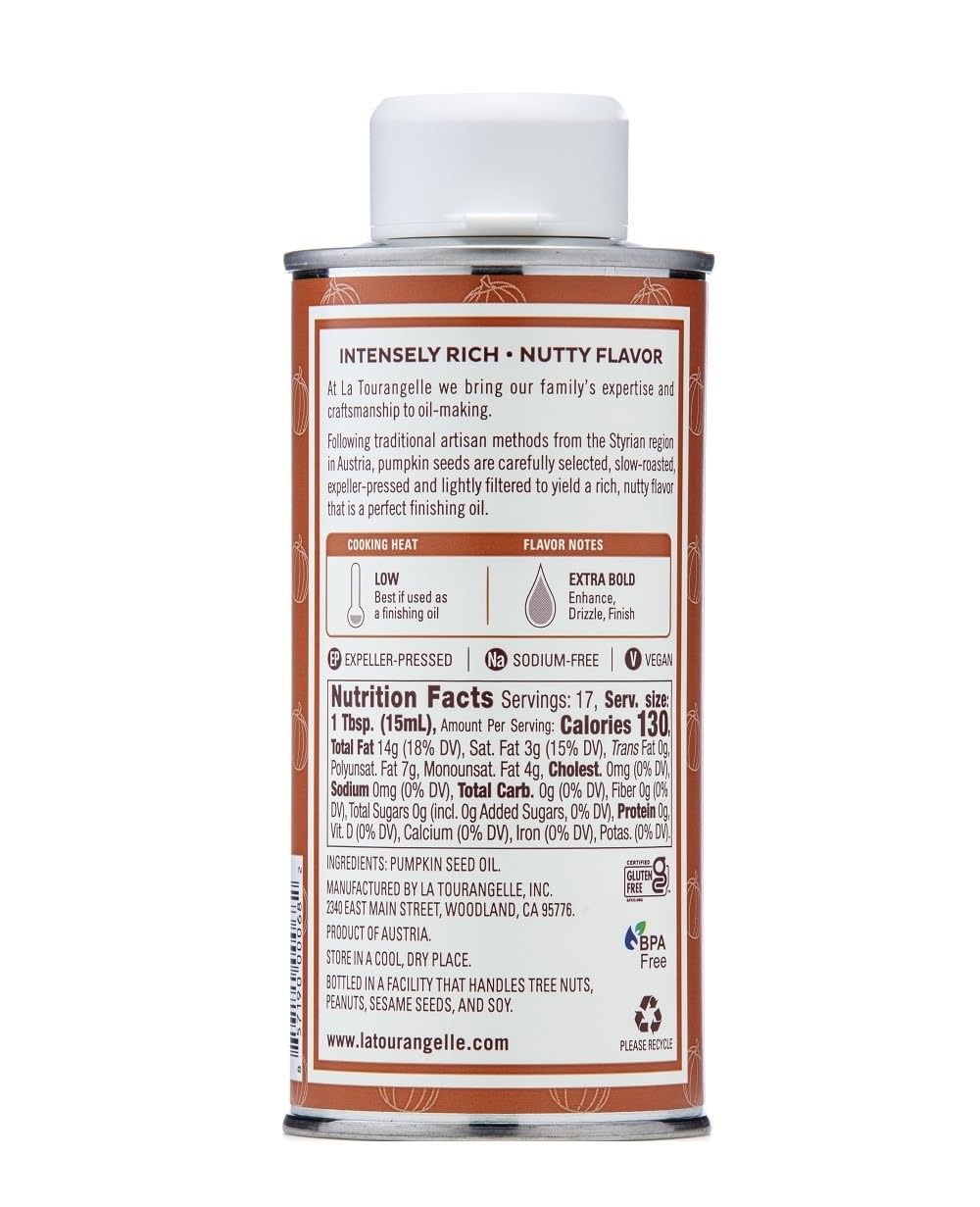 La Tourangelle Toasted Pumpkin Seed Oil - 8.45 fl oz, Cold Pressed, High in Antioxidants - Perfect for Salad Dressings, Cooking, Pasta & Dips | Gourmet Oil for Healthy Recipes & Skin Care