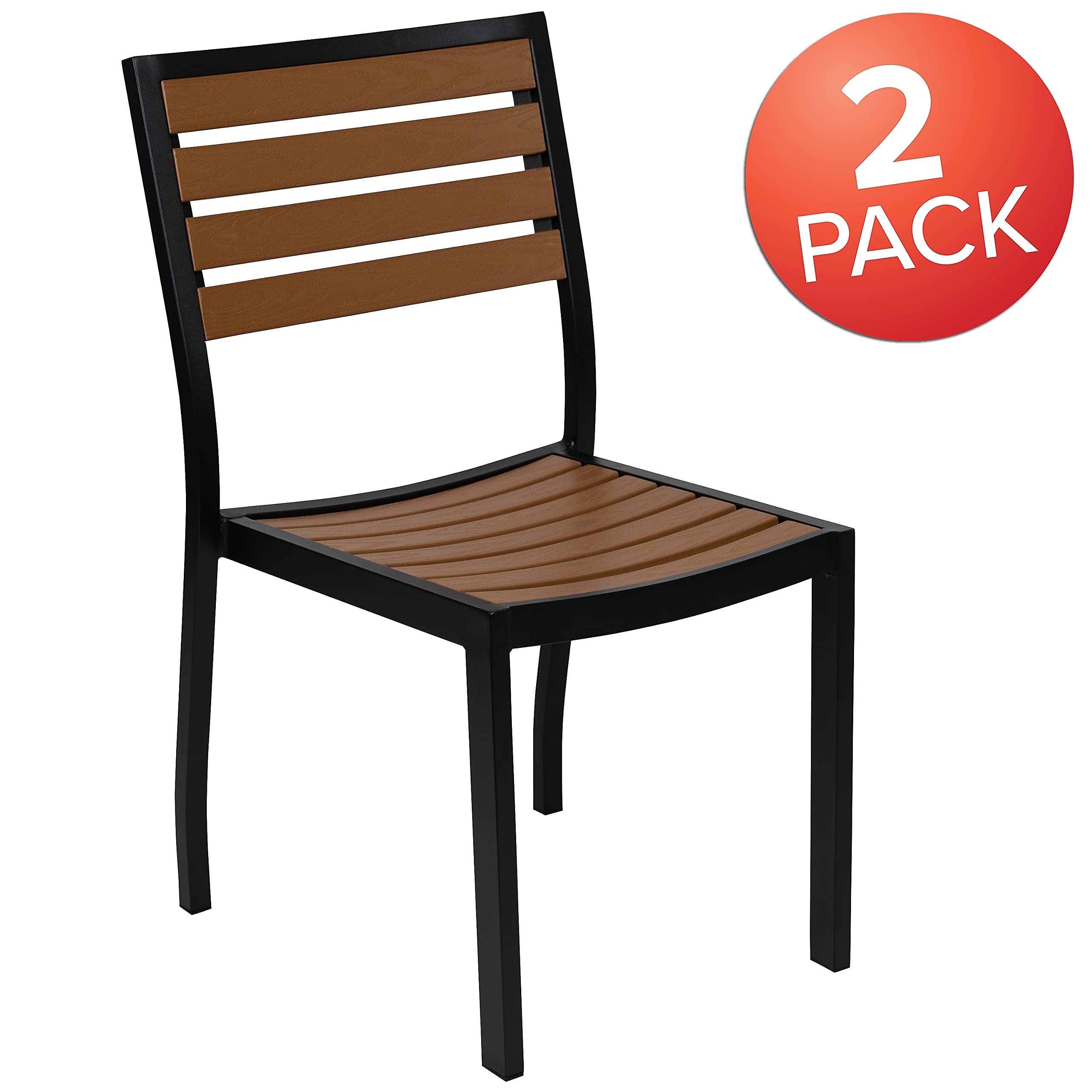 Flash Furniture Lark Outdoor Stackable Side Chairs with Faux Teak Poly Slats - Set of 2 - Perfect for Patio, Deck, Garden & Poolside Seating