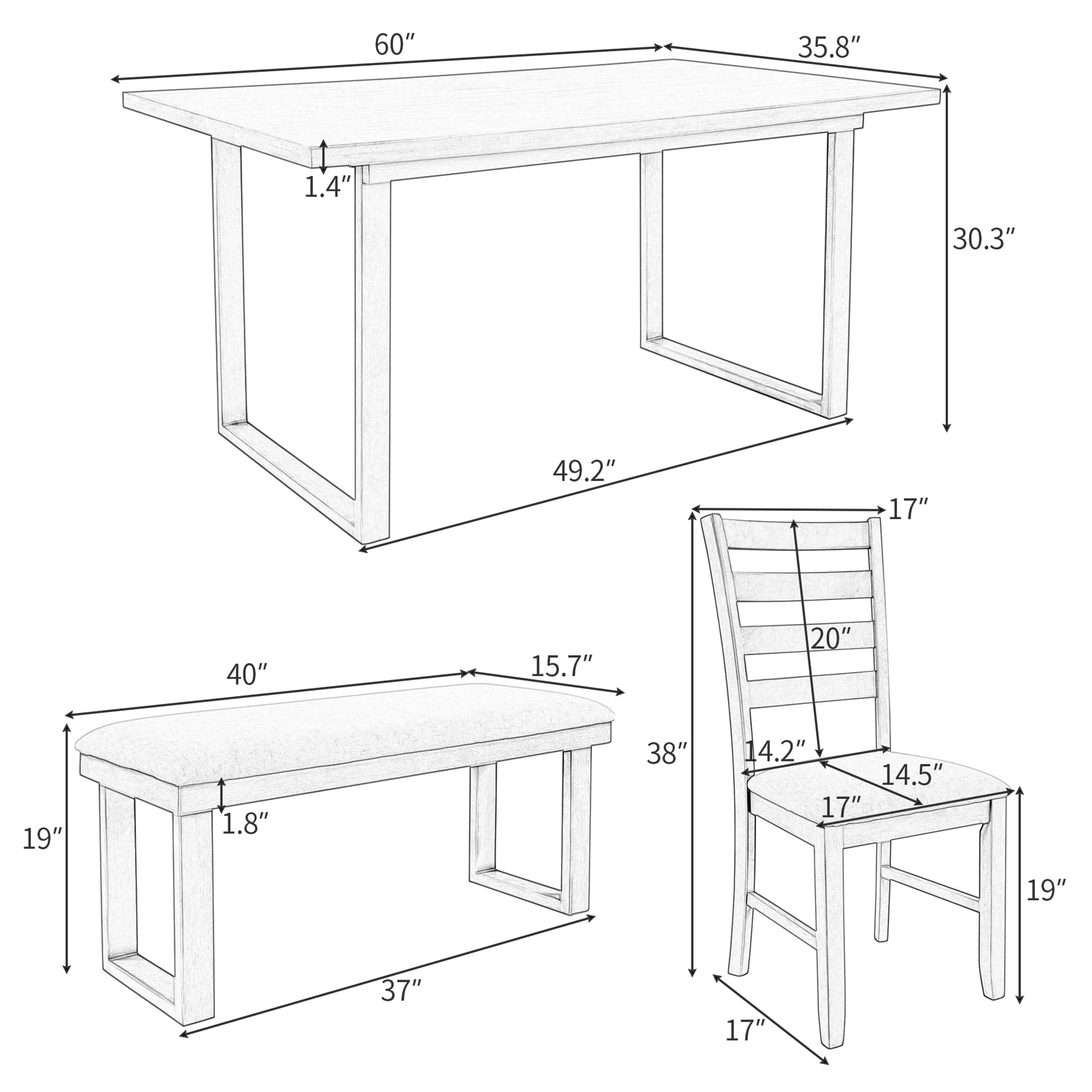 P PURLOVE 6-Piece Wooden Dining Table Set - Rectangular Kitchen Table with 4 Chairs & 1 Bench, Gray & Beige - Perfect for Family Meals, Dinner Parties & Small Space Dining Rooms