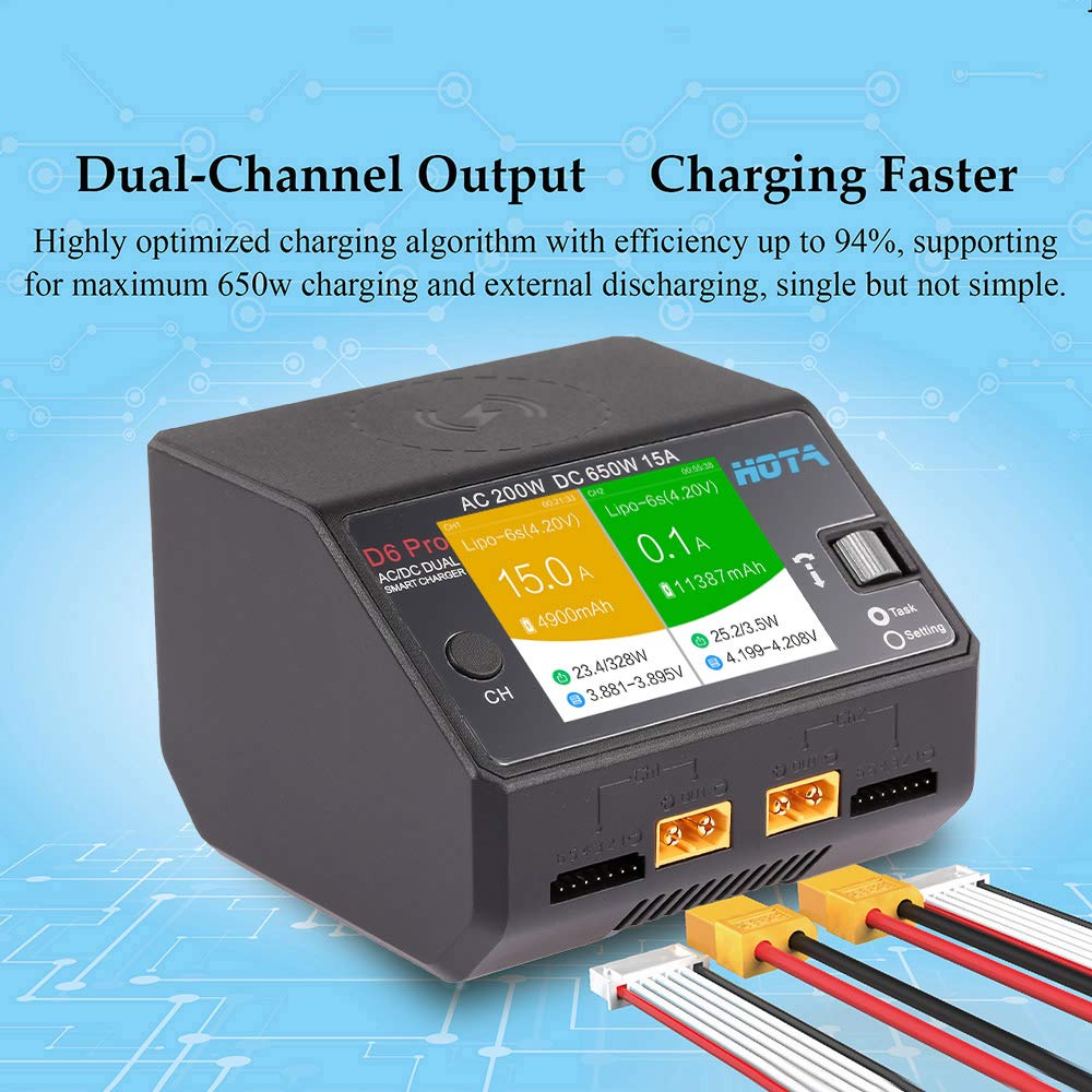 HOTA D6 Pro 200W AC/650W DC Lipo Battery Charger - 15A for LiHv, NiCd, NiMH Batteries with Balance & Phone Wireless Charging - Perfect for RC Cars, Drones, and Hobby Parts
