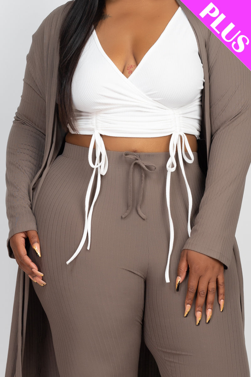 Plus Size Ribbed Long Cardigan & Leggings Set - Women's Cozy Knit Outfit for Fall & Winter | Casual Loungewear, Layering Piece, Office Wear & Travel Essentials