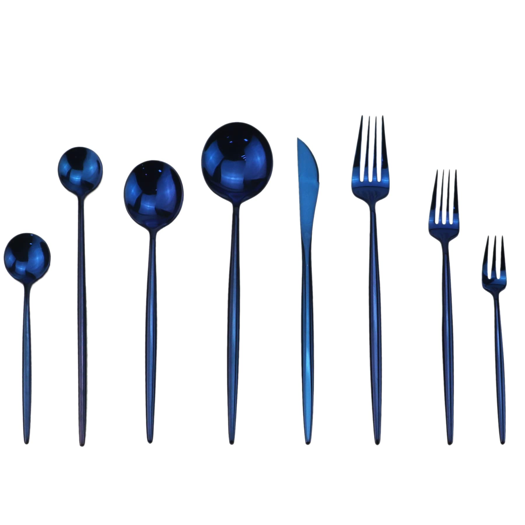 Premium 4-Piece Mirror Blue 304 Stainless Steel Flatware Set - Long Handle Spoon (7.9