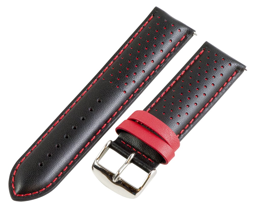 22mm Rally Perforated Smooth Black & Red Leather Watch Band - Interchangeable Strap for Men's & Women's Watches - Perfect for Sports, Casual & Dress Occasions