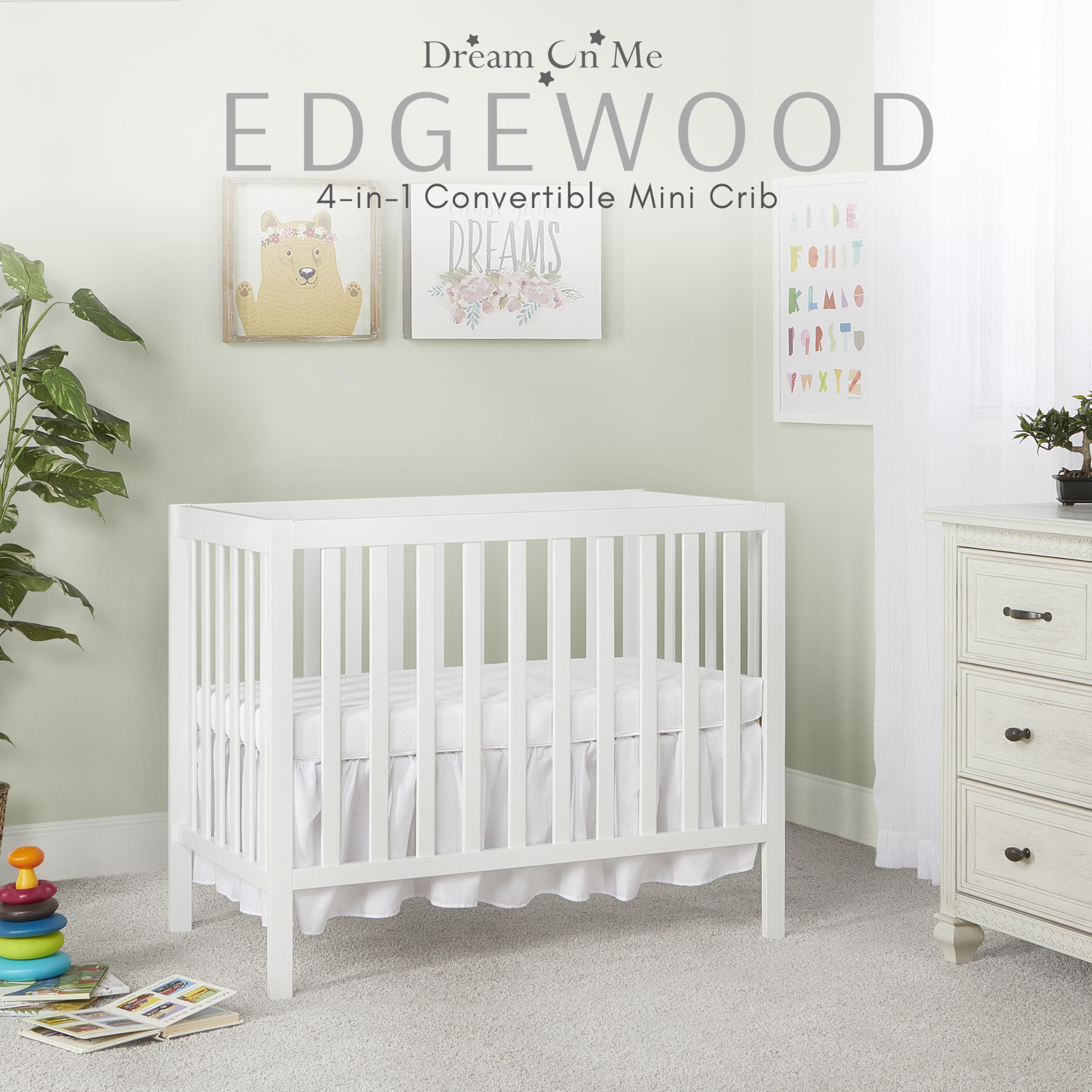 Dream On Me Edgewood 4-in-1 Convertible Mini Crib - White | JPMA Certified, Non-Toxic Finish, New Zealand Pinewood | 3 Adjustable Mattress Heights with 1