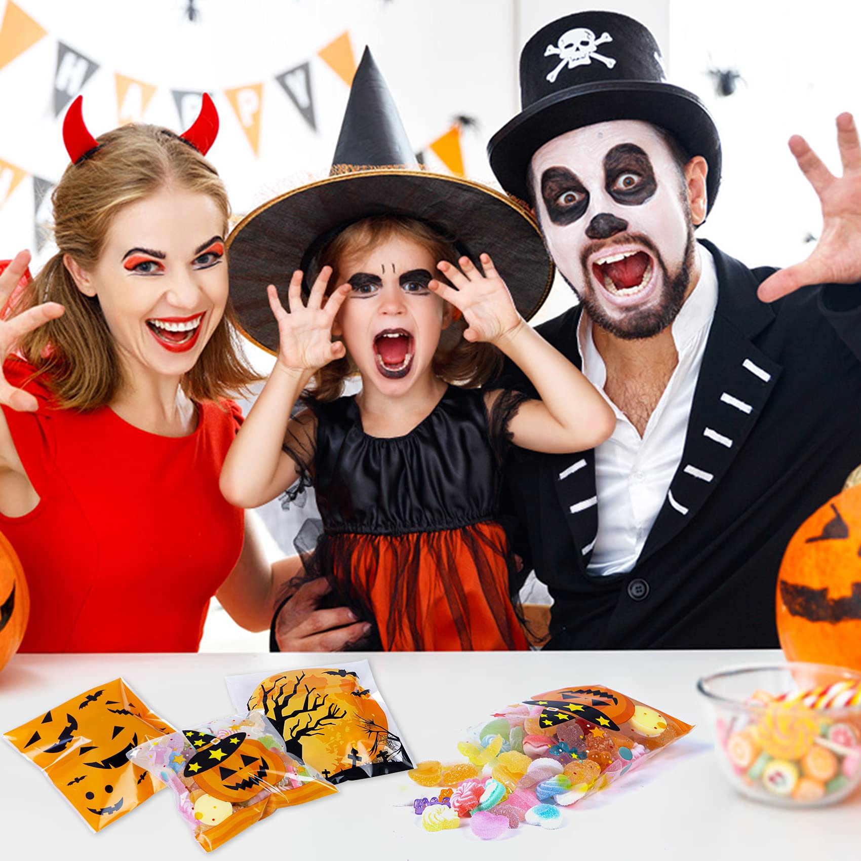 Eunvabir 160 PCS Halloween Cellophane Treat Bags - Self Adhesive Candy Goodie Cookie Snacks Gift Bags for Trick or Treat Party Favors, Classroom Prizes, Halloween Party Supplies & School Events