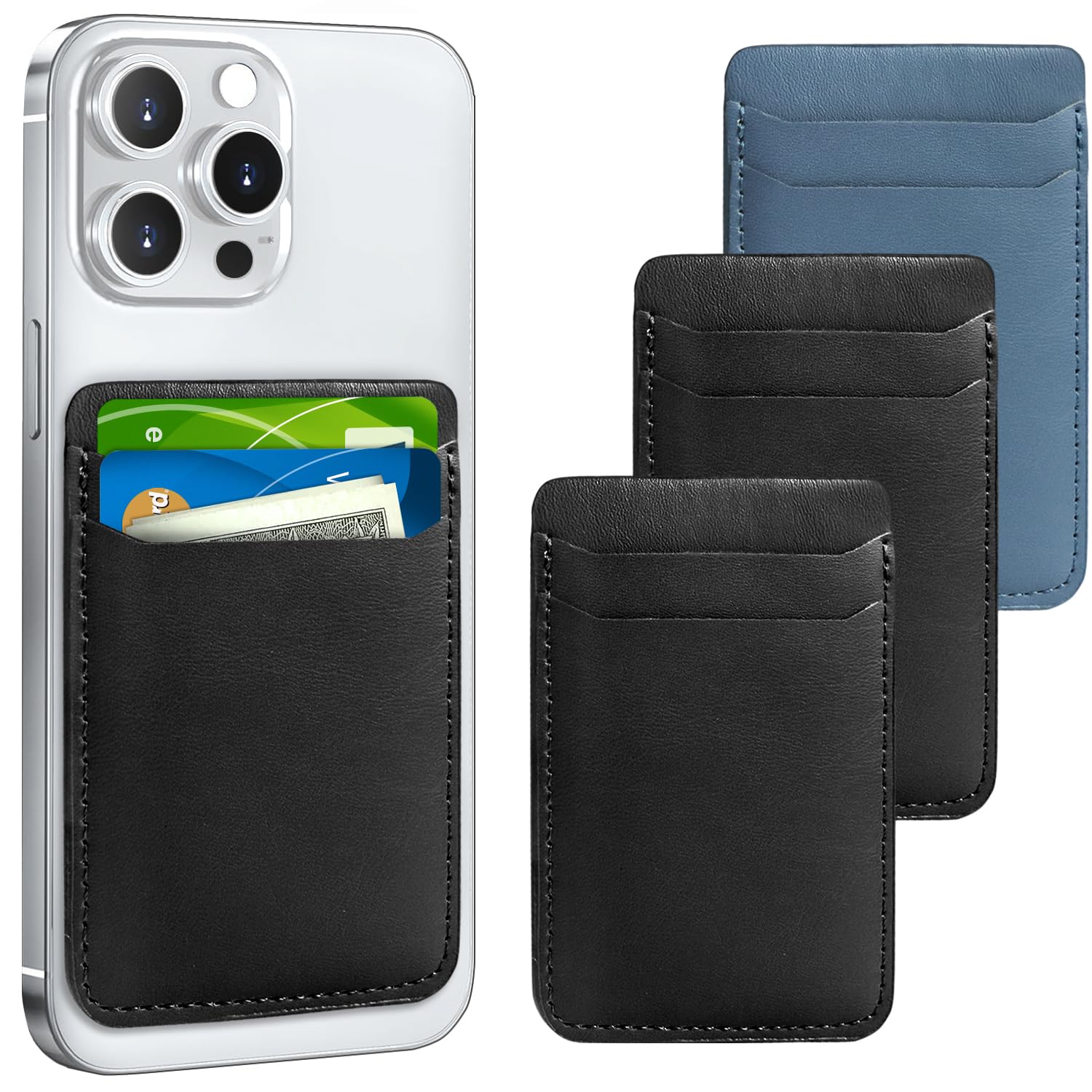 3-Pack Strong Adhesive Phone Card Holder - Compatible with iPhone & Most Smartphones | Stick-On Wallet for Credit Cards & IDs (Black & Blue) - Perfect for Hands-Free Shopping, Travel & Everyday Convenience