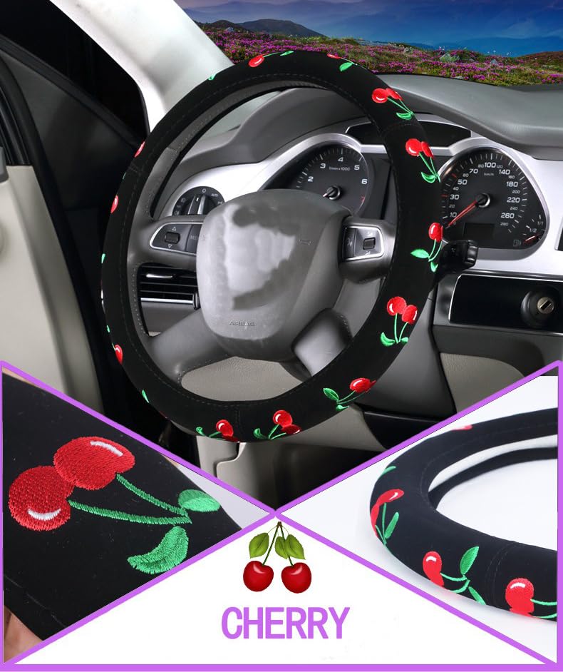Mayco Bell Women's Cute Cherry Embroidery Car Steering Wheel Cover - Soft Grip, Universal Fit for Most Vehicles - Perfect for Daily Commute & Road Trips