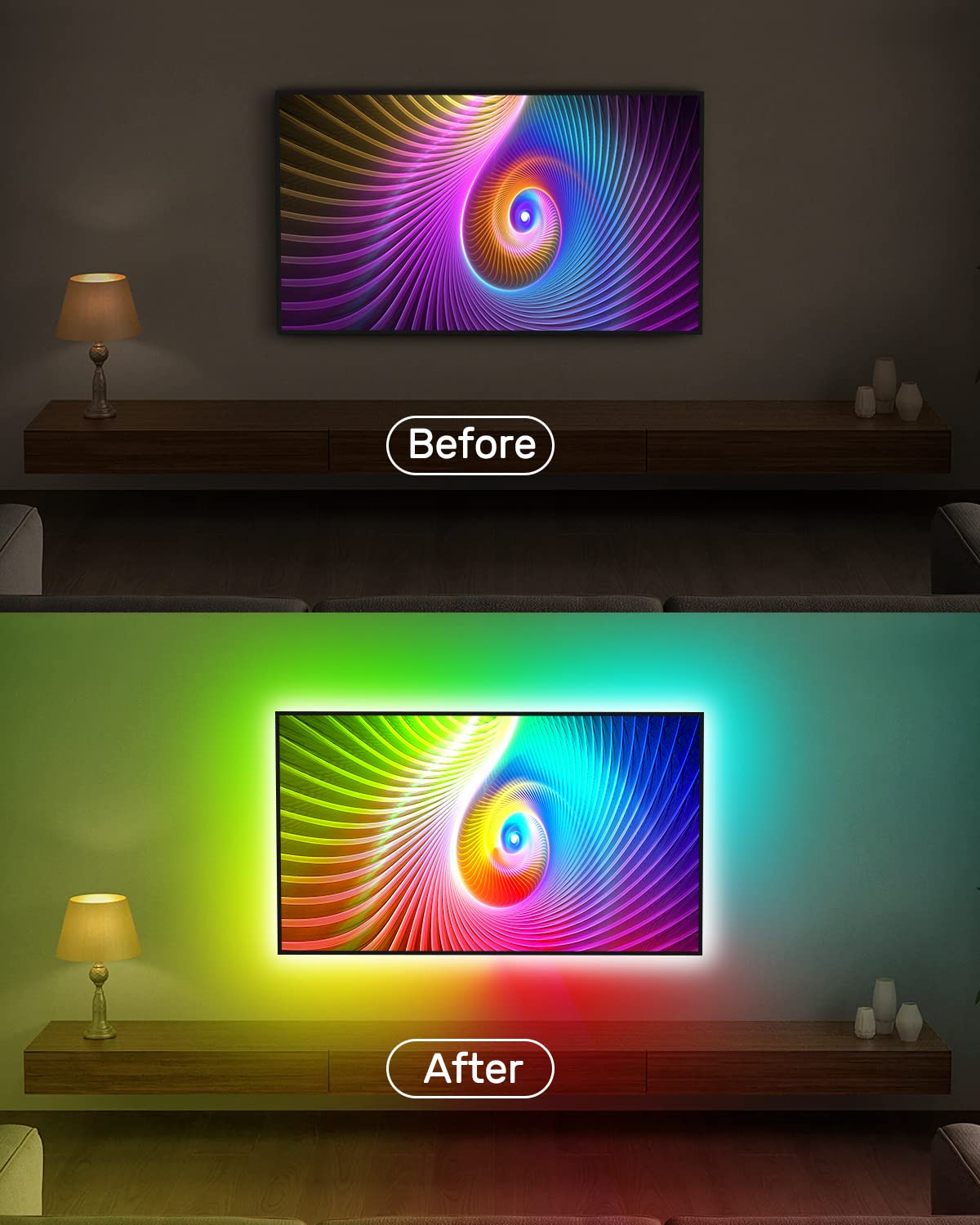 Daymeet 16.4FT RGB LED TV Backlight Strip - Smart Bluetooth App Control with Remote, USB Music Sync, Color Changing Lights for 45-85 Inch TVs - Perfect for Bedroom Ambient Lighting & Home Theater Setup