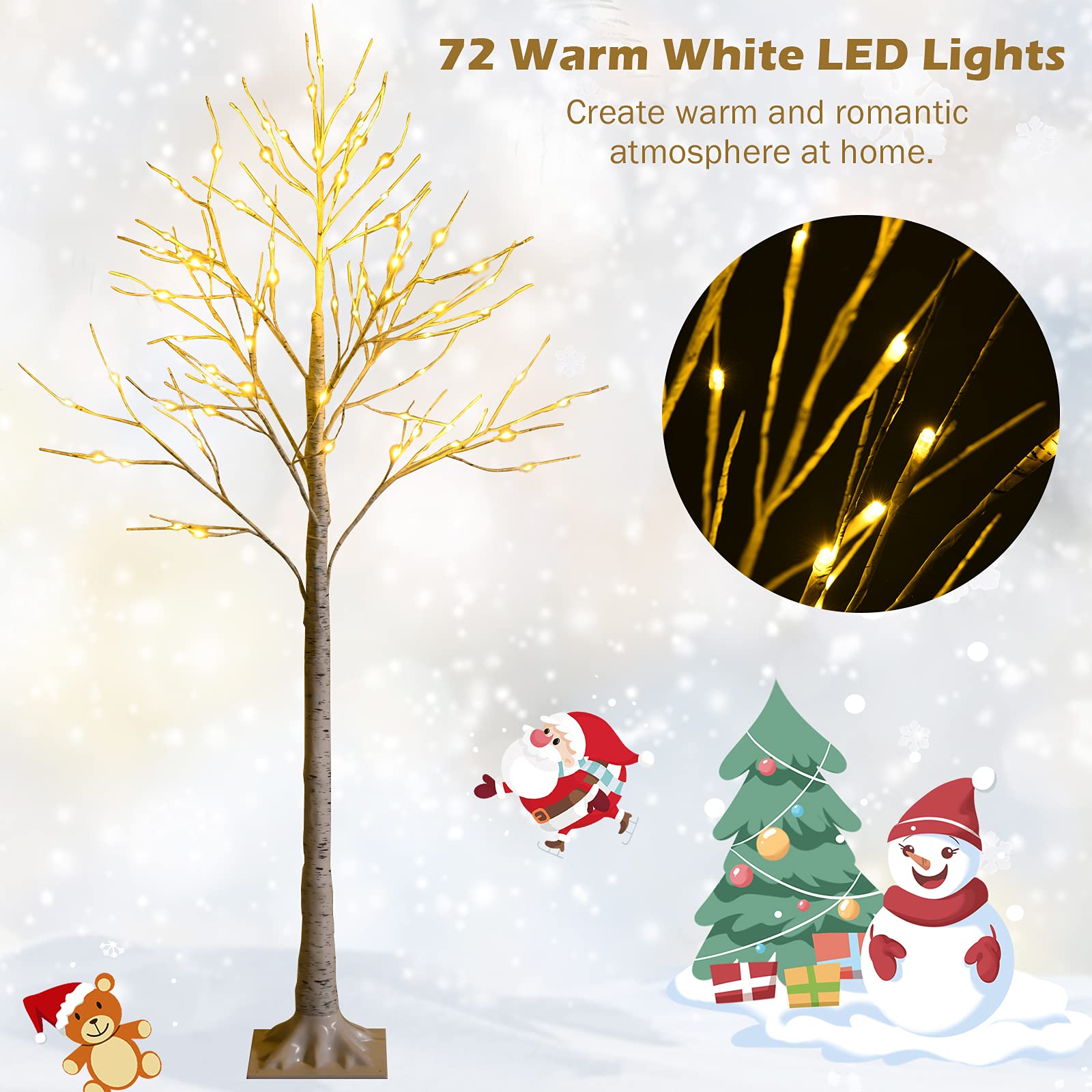 Happygrill 5FT Artificial White Birch Tree with 72 Warm White LED Lights - Pre-lit Twig Christmas Decoration for Holiday Festival, Indoor Party & Carnival - Perfect for Living Room, Bedroom, Office & Event Decor