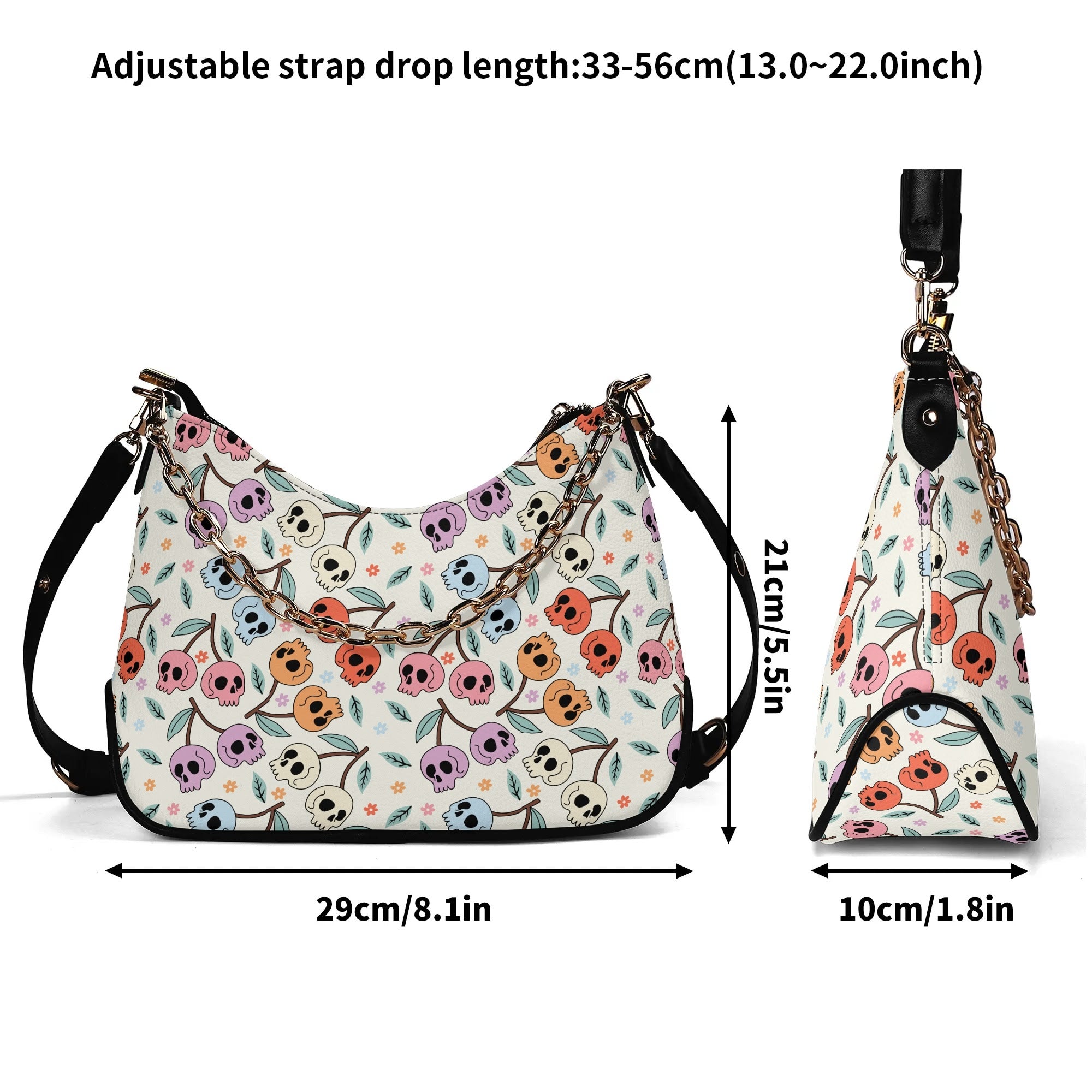 Stylish Cherry Skull Print Leather Crossbody Bag with Detachable Chain Strap - Gothic Fashion Accessory for Women, Perfect for Parties, Concerts & Everyday Use