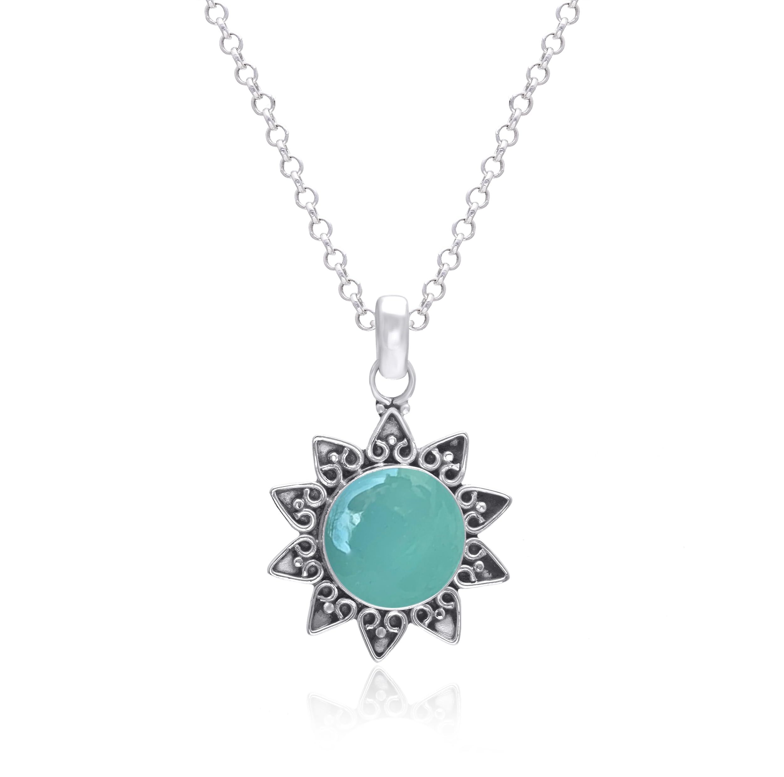 Aqua Chalcedony Pendant Necklace for Women - 925 Sterling Silver 18