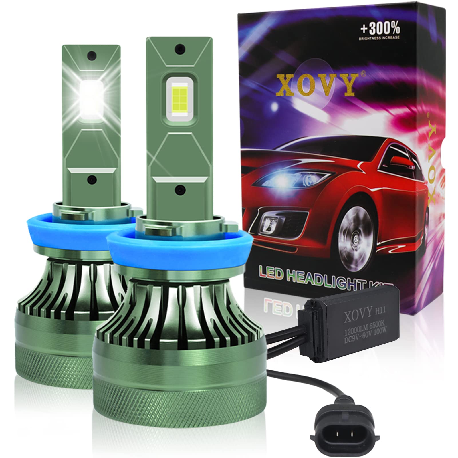 XOVY H11/H8/H9 LED Headlight Bulbs - 12000LM 6500K High/Low Beam for Night Driving