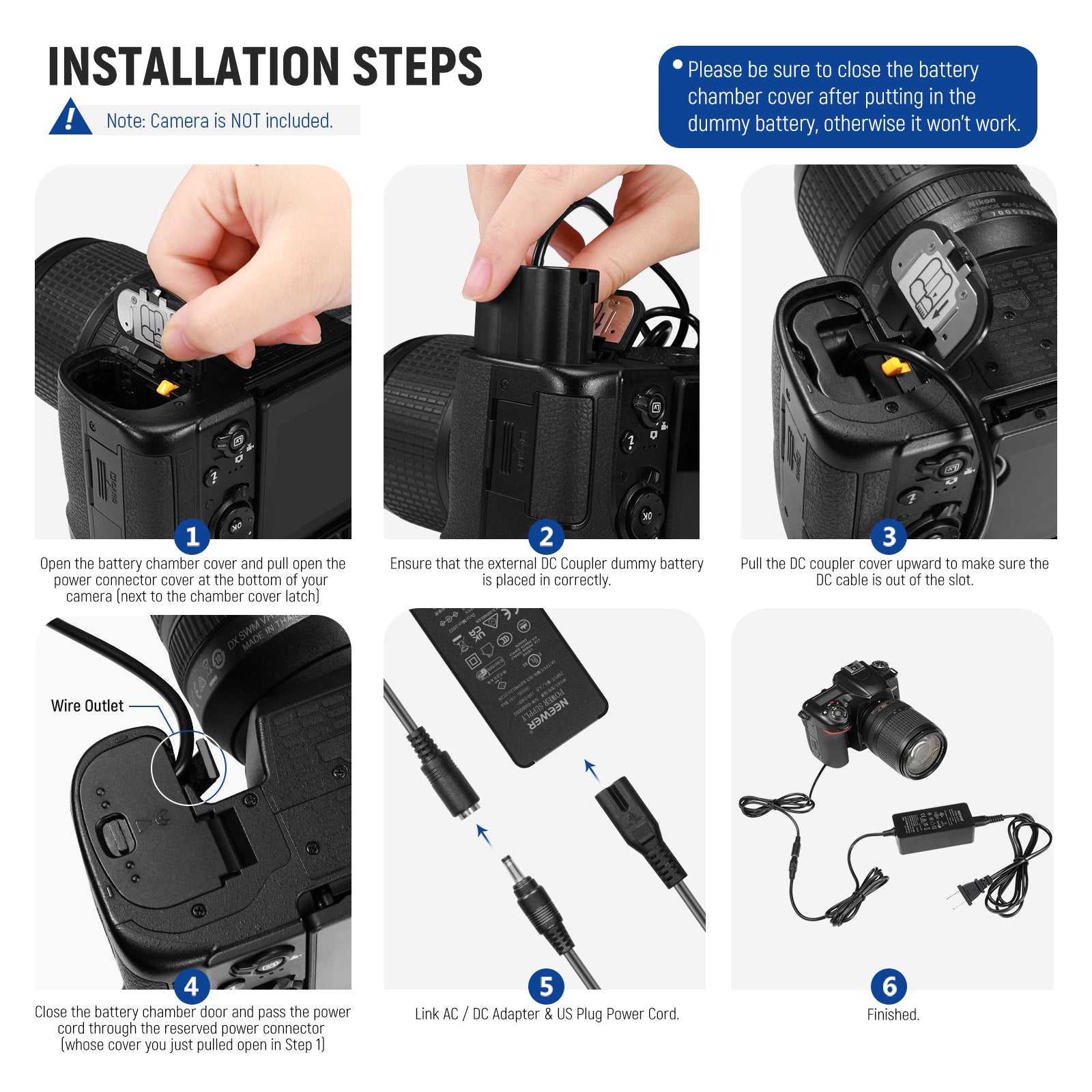 NEEWER EP 5B/EN EL15 Replacement Dummy Battery Charger Kit for Nikon DSLR Cameras - Perfect for Continuous Power Supply in Studio Photography & Video Recording