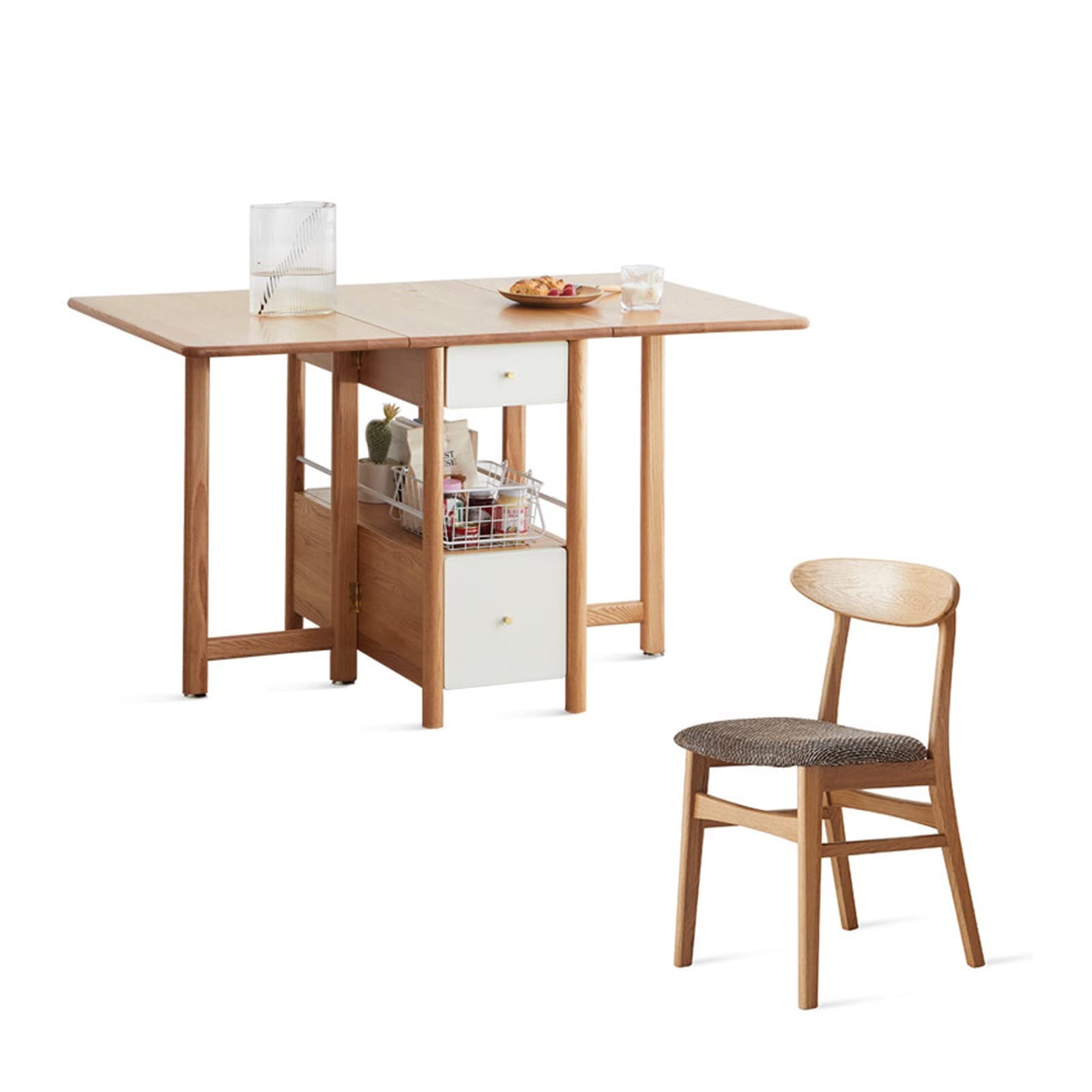 Foldable Kitchen Dining Table - Solid Wood Drop Leaf Coffee Table with 2-Layer Drawer & Storage Shelf | Space Saving Collapsible Table & Chair Set for Small Apartments, Studio, Dorm Rooms & Outdoor Picnics