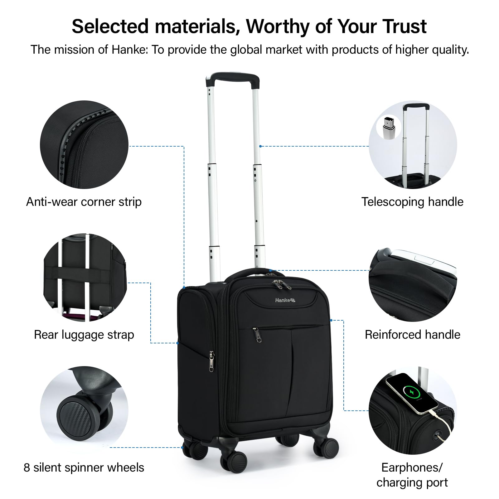 Hanke 16 Inch Underseat Carry On Luggage with 360° Spinner Wheels - Lightweight Airline Approved Softside Travel Bag for Women & Men - Compact Personal Item Suitcase Fits Under Airplane Seat (Black) | Perfect for Business Trips, Weekend Getaways & Cabin Luggage