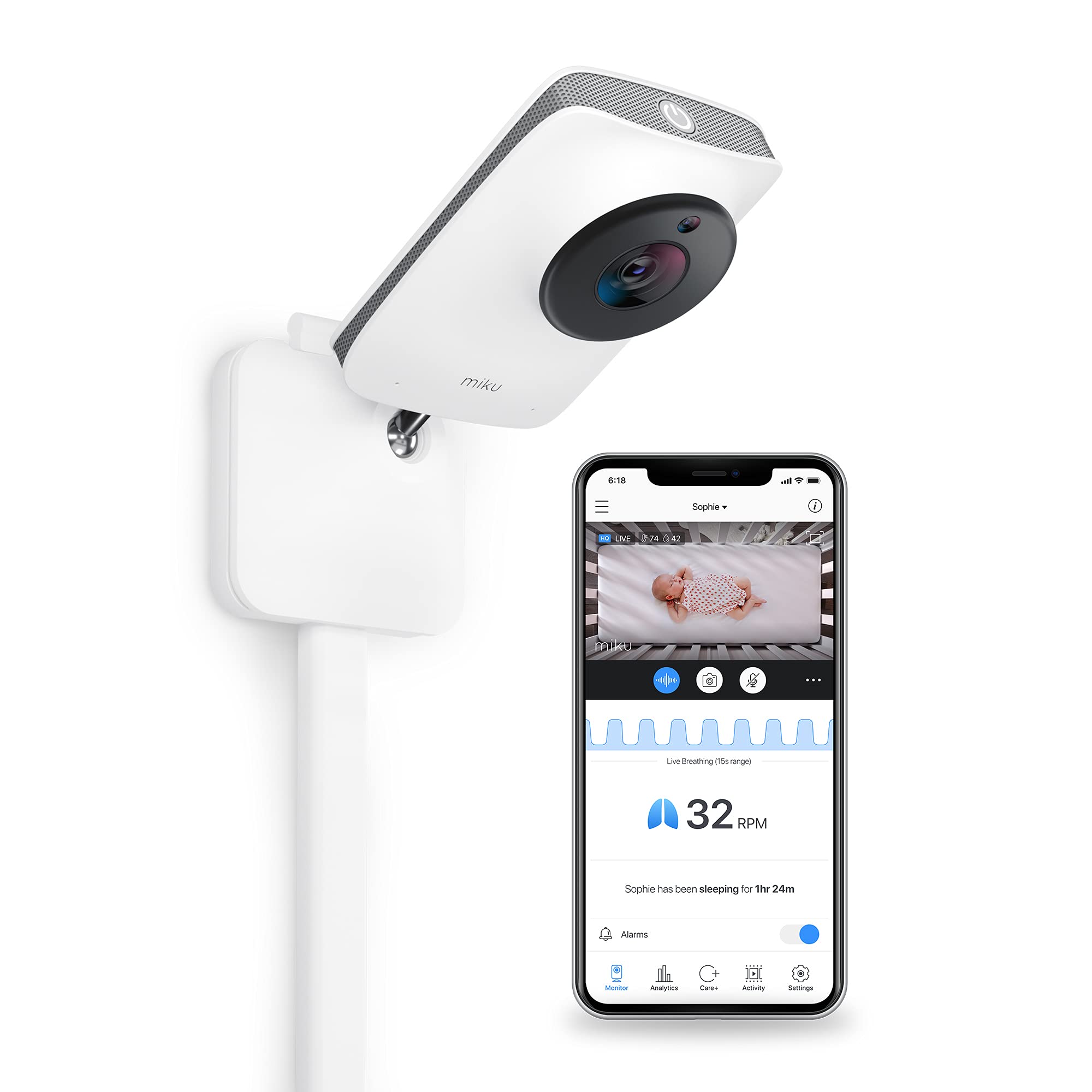 Miku Pro Smart Baby Monitor with Contact-Free Breathing & Sleep Tracking - HD Video Camera, Night Vision, Two-Way Audio, Temperature & Humidity Sensor - Wall Mountable for Nursery, Bedroom & Daycare Use