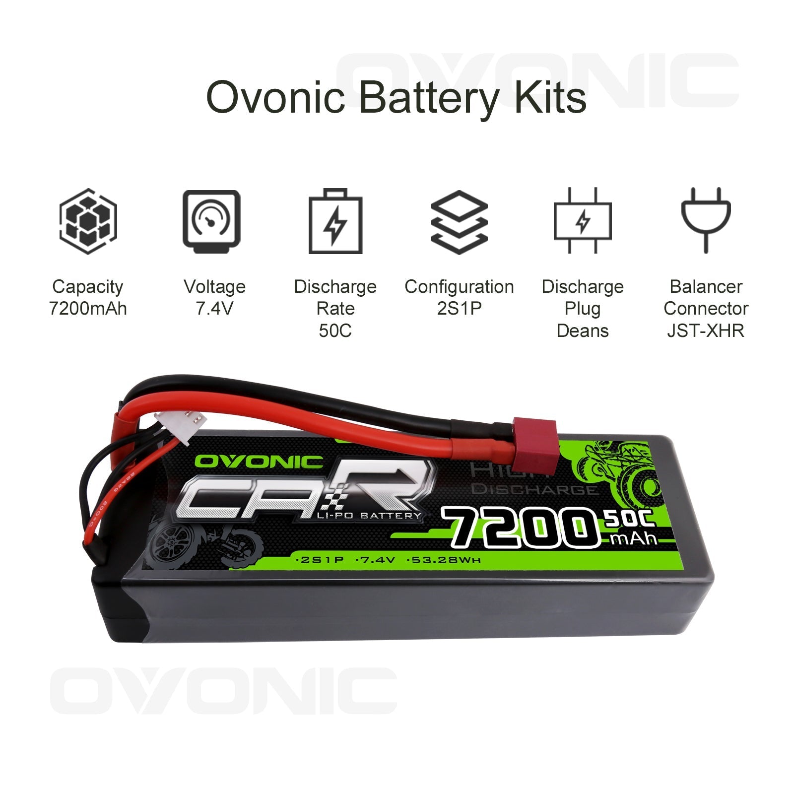 OVONIC 2S 7.4V 7200mAh 50C LiPo Battery Pack with Deans Plug - High Performance RC Battery for Crawler, Truck, Buggy - Perfect for Off-Road Racing, Rock Crawling & RC Hobby Enthusiasts