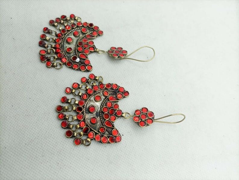 Handmade Kuchi Afghan Tribal Dangle Earrings for Women - Glass Stone Beaded Statement Jewelry | Traditional Indian & Gypsy Style Accessories | Perfect for Festivals, Weddings & Boho Fashion