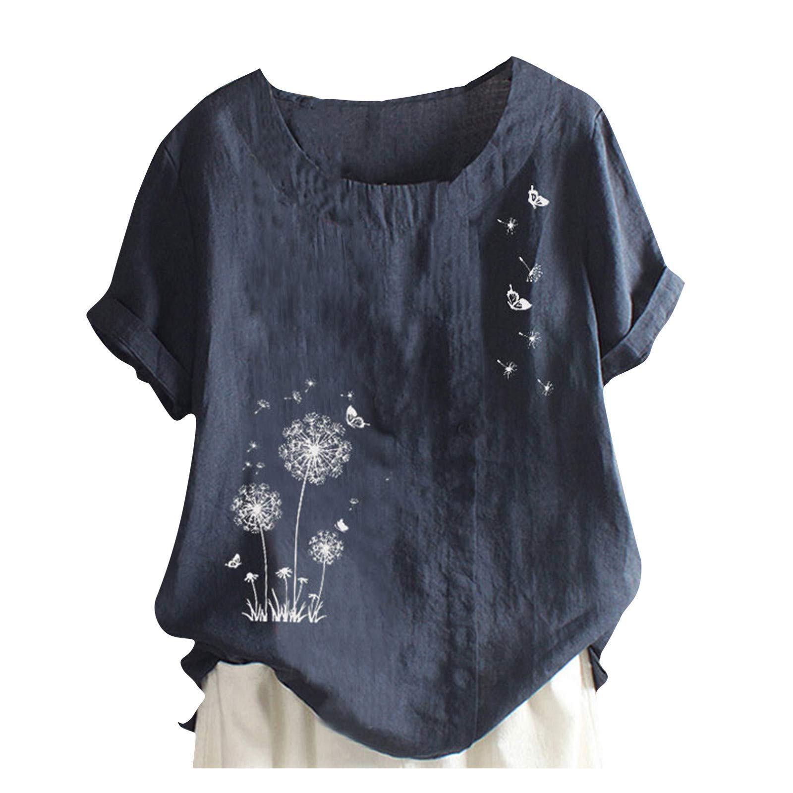 Women's Plus Size Button-Up Short Sleeve Cotton Linen T-Shirt - Cute Dandelion Boho Floral Print Crewneck Tee for Summer | Casual Wear, Beach Outfits & Boho Fashion