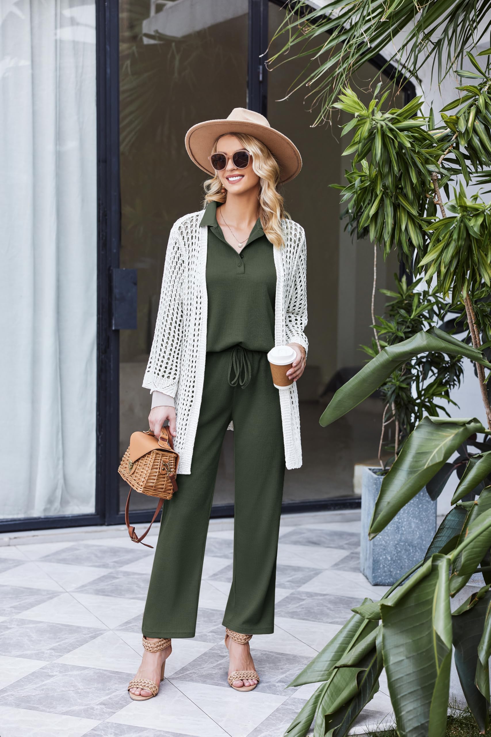 Ekouaer Women's Waffle Knit Pajama Set - 2 Piece Long Sleeve Button Down Top & Wide Leg Pants with Pockets - Soft Loungewear for Sleep, Relaxation & Home Comfort